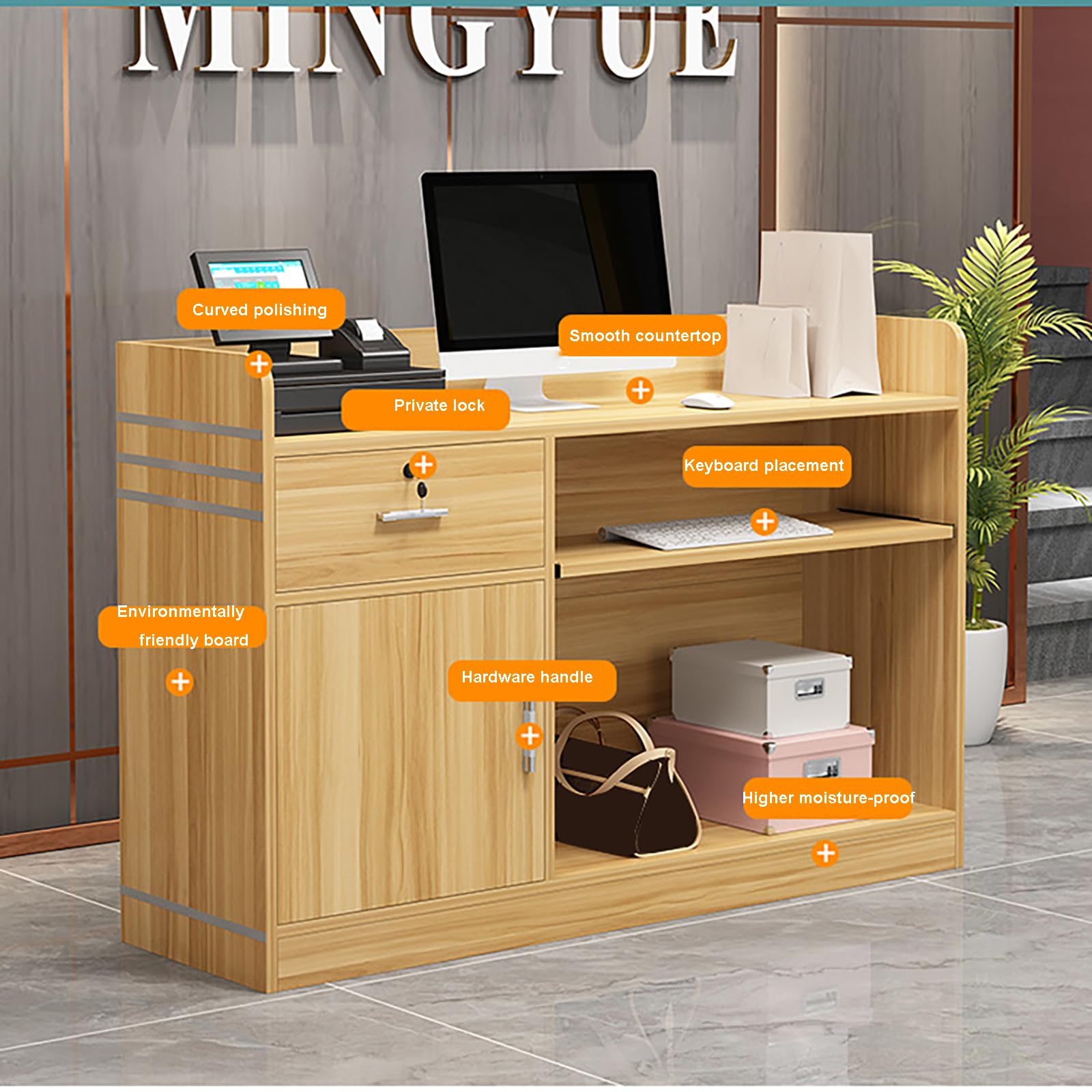 Moderner Empfangstisch – kleiner stehender Kassentisch mit abschließbarer Schublade, Holztisch für Salon, Lobby, Büro, Zuhause, Eichen-Finish (80 x 41,9 x 91,4 cm (B x T x H)