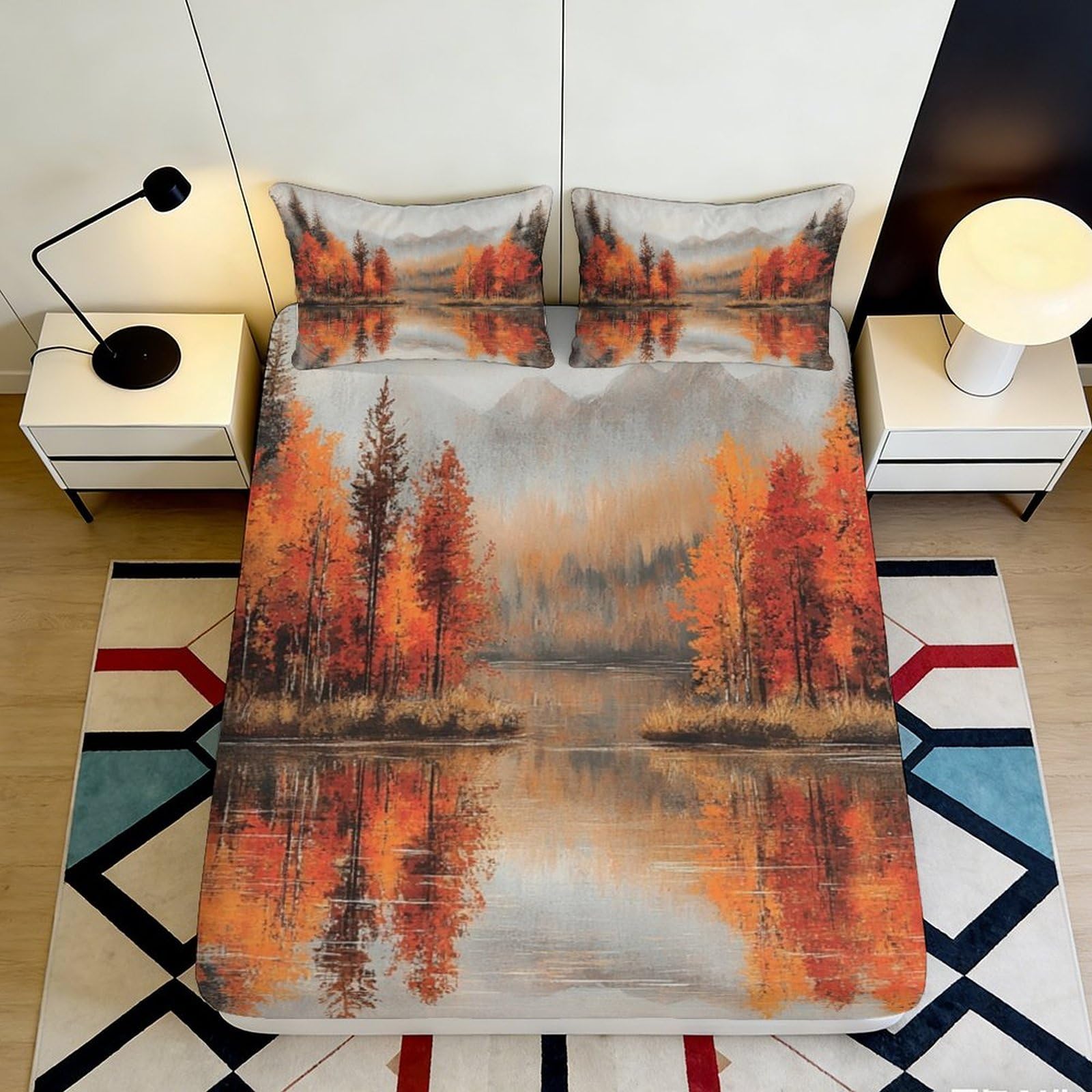K1r3d9e5 Style-1 3D Printed Autumn Lake View Fitted Sheet Microfiber Soft Orange Forest Bed Cover For Bedroom Guestroom Decor 90X200x25cm