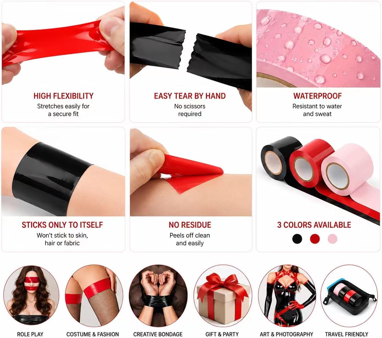 Self-Adhesive Bondage Tape, 3 Rolls, Black, Red & Pink, 2 in Wide, 157.5 ft Long, No Residue
