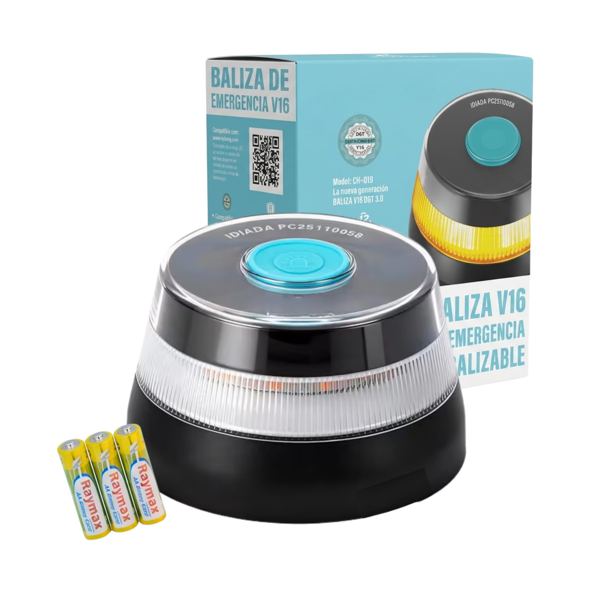 MAGIC SELECT Luce di Emergenza V16 DGT 3.0 Omologata con Geolocalizzazione per Segnalazione Stradale, Auto e Moto, Luce Arancione Lampeggiante 360º, Base Magnetica, Include 3 Batterie AA