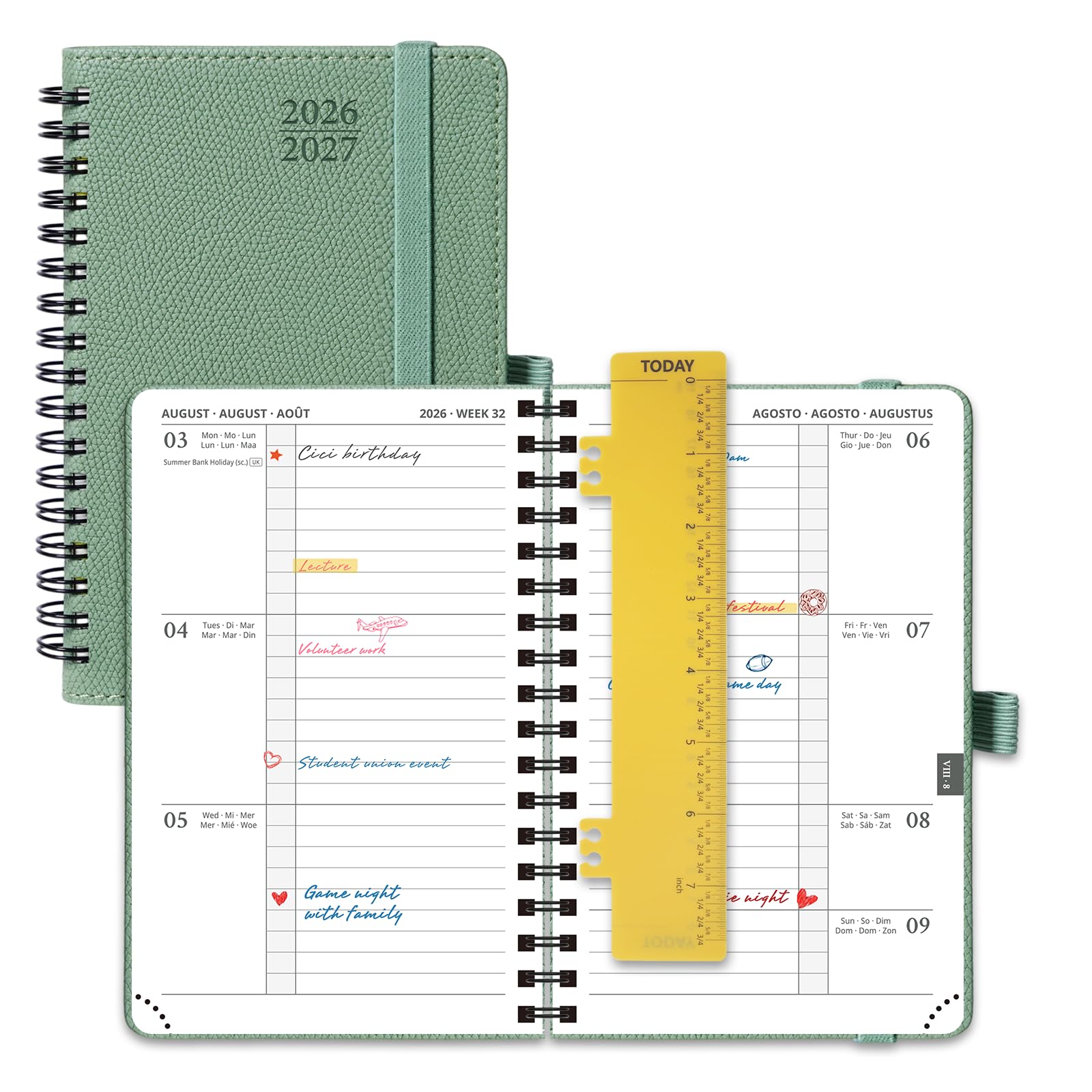 POPRUN 2026-2027 A6 Academic Diary Week to View (16x10.5 cm) Soft Cover Spiral Horizontal Weekly Planner 17 Months (Aug'26 - Dec'27) Mid Year 26/27(Midnight Green)