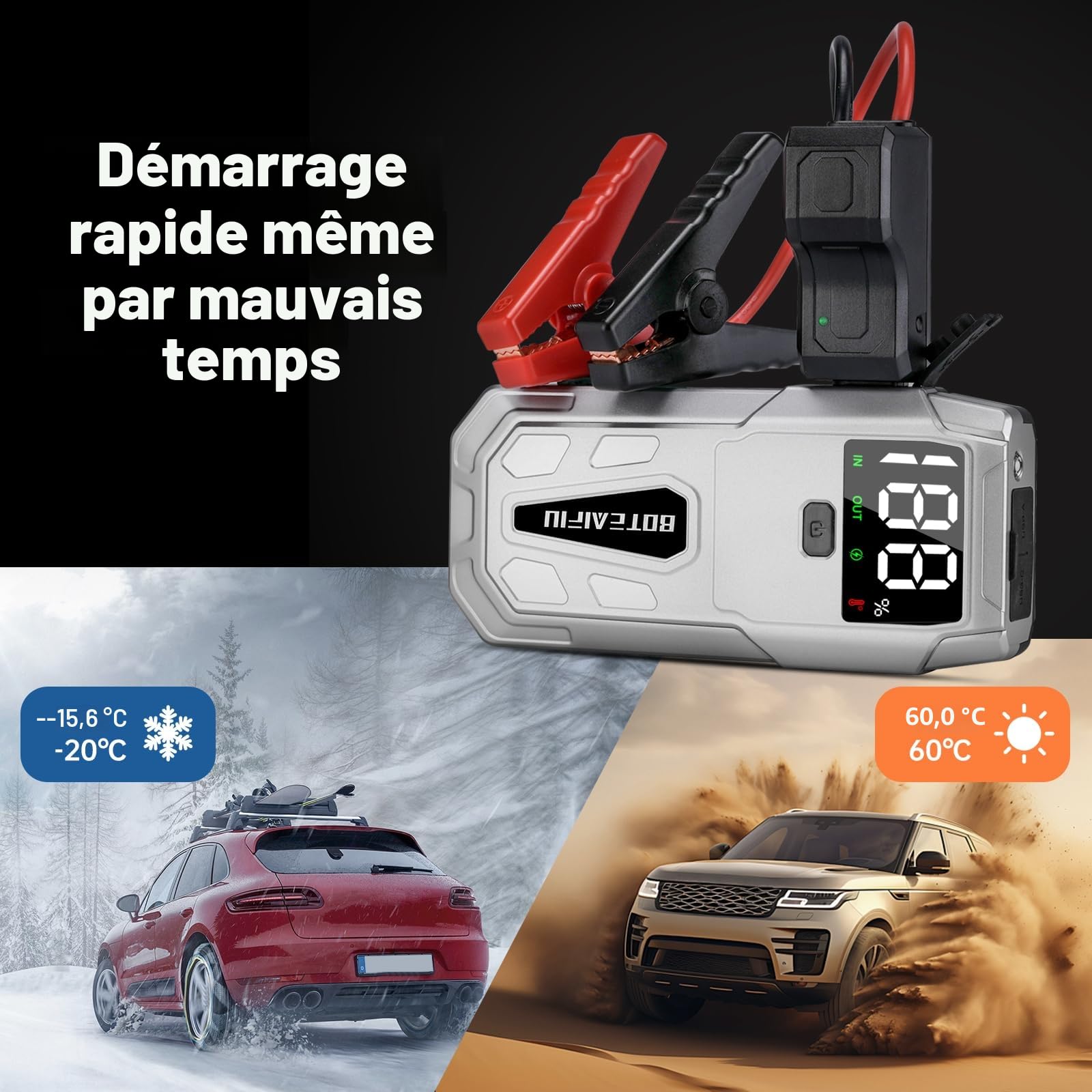 Booster Batterie 12V 5000A Démarreur Voiture et Moto Jusqu'à 9,5L Essence 8L Diesel Jump Starter Portable avec Écran LCD Pinces Intelligentes Lampe LED Sécurité Urgence