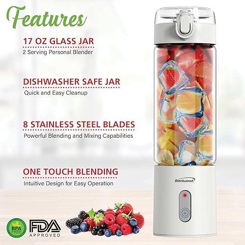 Miniatura 4 de Brentwood Licuadora portátil de vidrio cargable por USB de 50 vatios y 17 onzas (blanco)