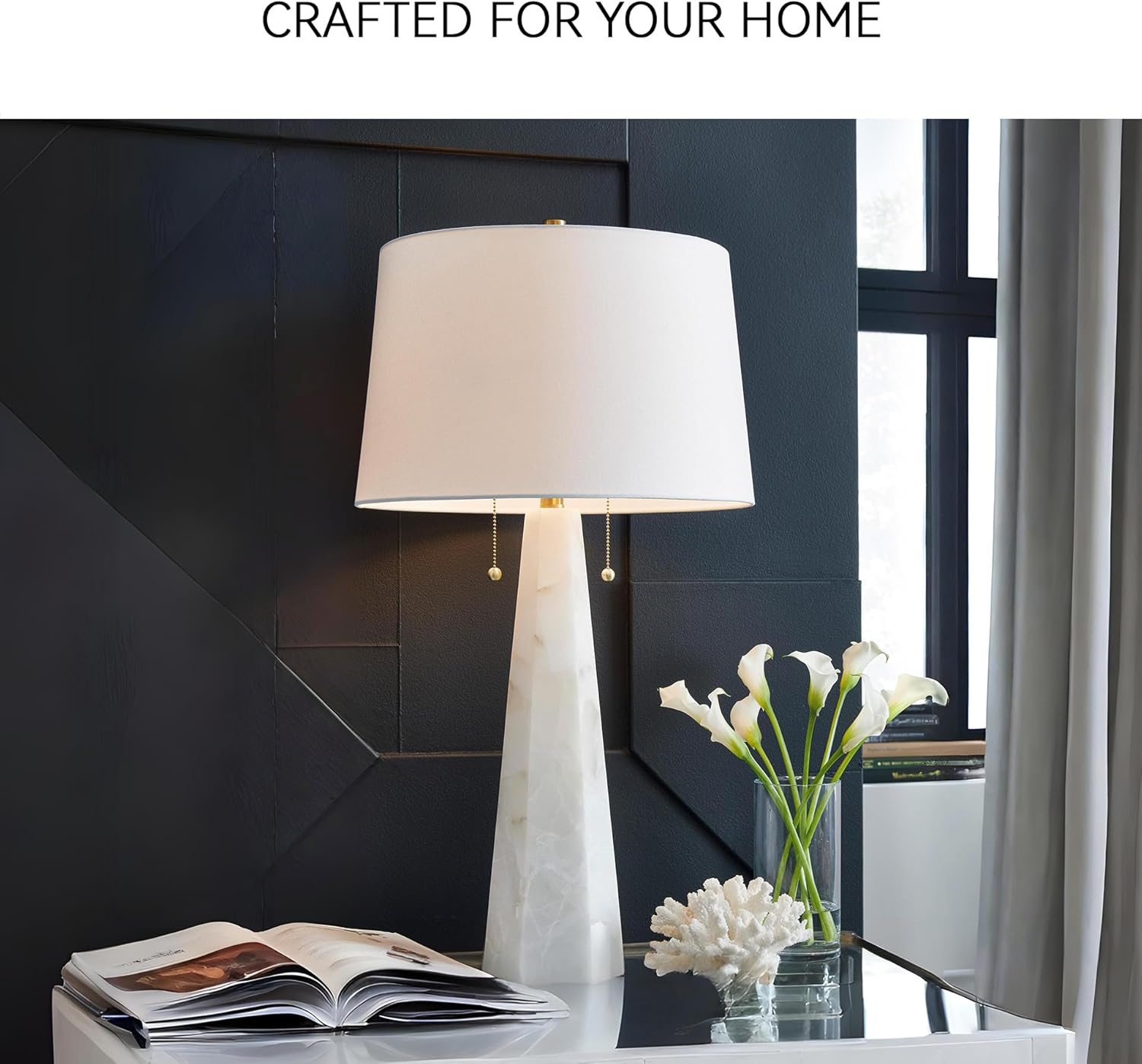 Signature Design by Ashley Laurellen Contemporary Table Lamp with 2 Sockets and Pull Chain Switch, Fabric Shade, Resin and Alabaster, 23.25" High, White