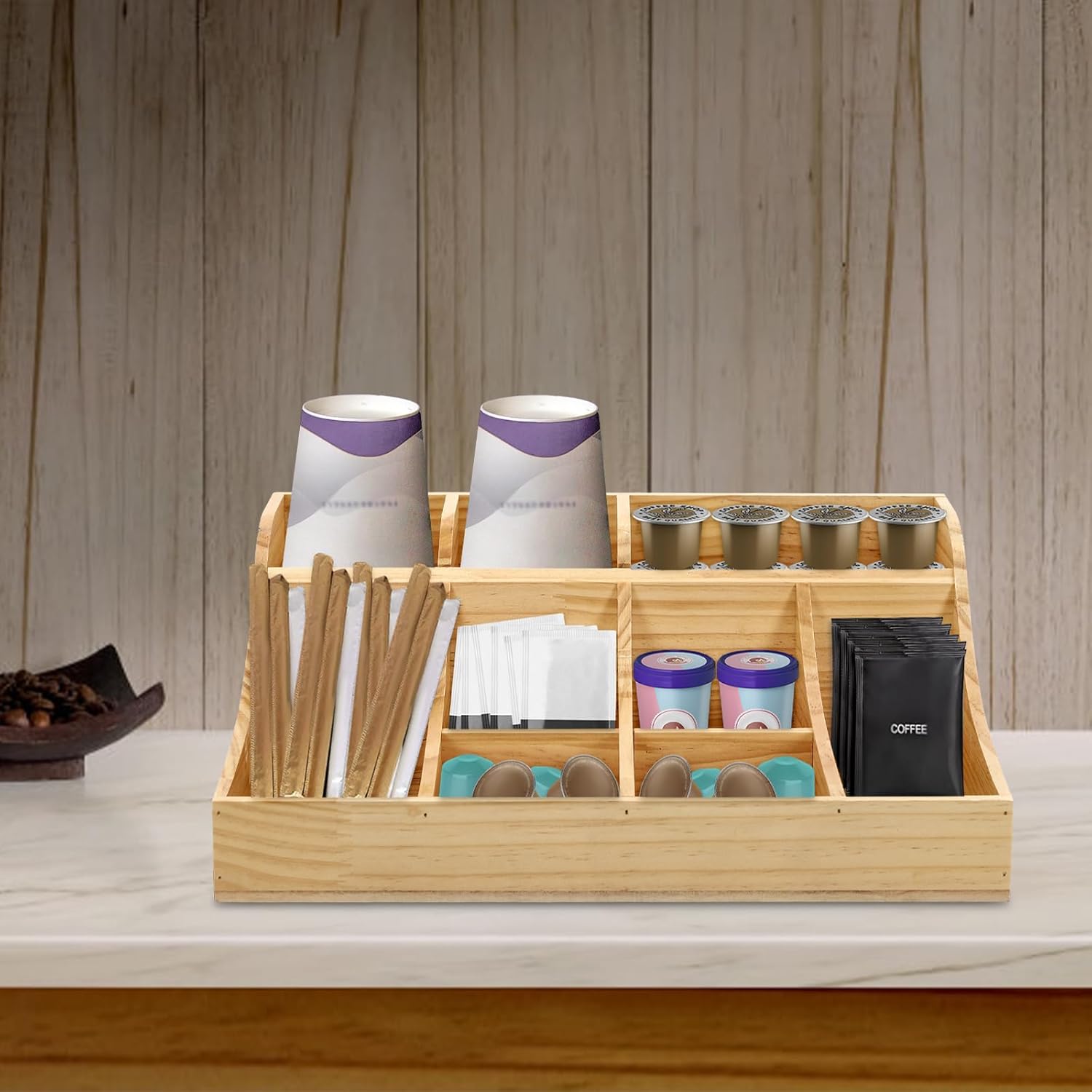 Coffee Organizer for Countertop, Wooden Condiment Holder, 9 Compartment Design for Home Office or Cafe, Ideal Coffee Station Storage