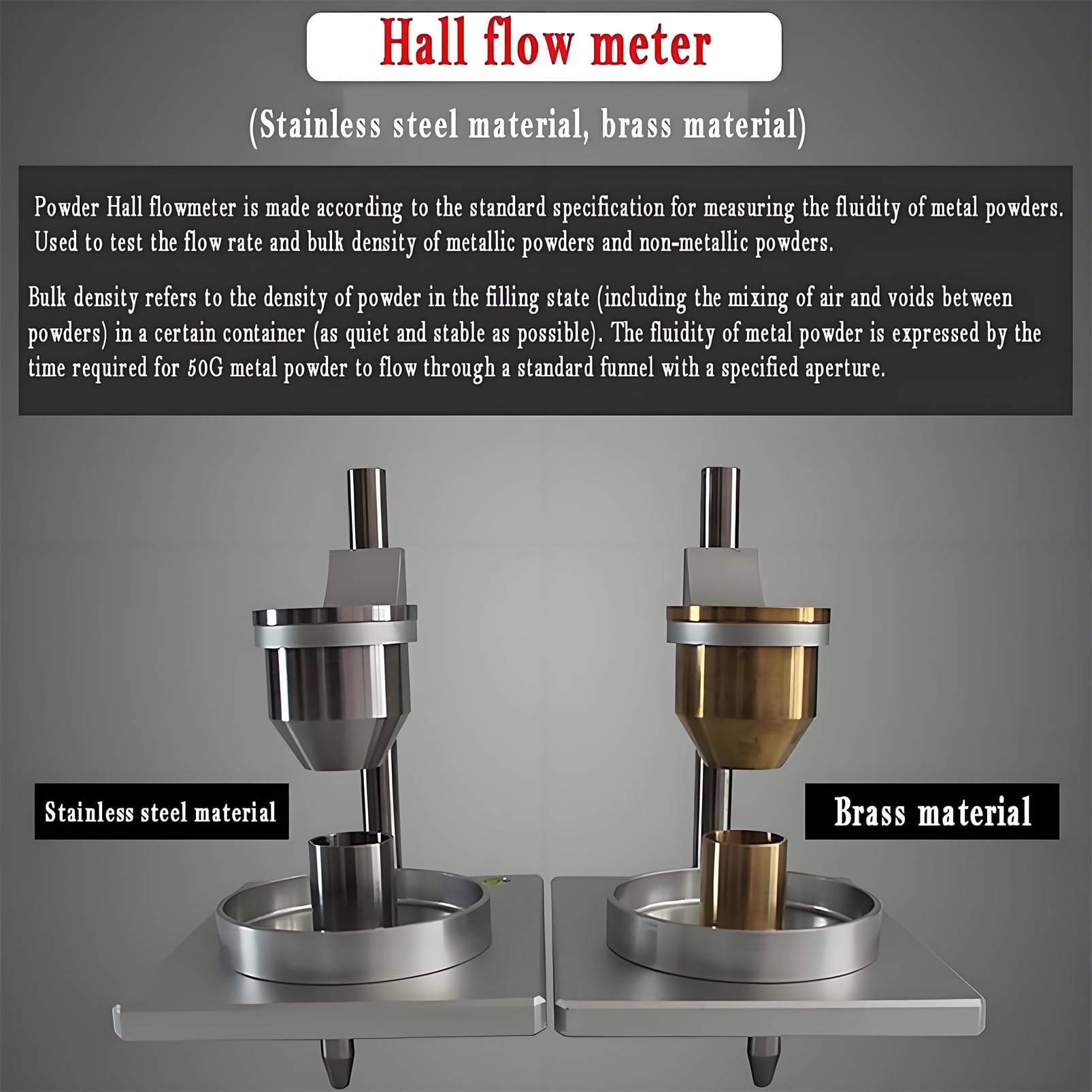 Medidor de Flujo Hall y densímetro de Polvo con embudos de 2,5 mm y 5 mm para Pruebas de Polvos metálicos y no metálicos. Cumple con Las Normas ASTM B213 e ISO 4490 Stainlesssteel-2.5mm