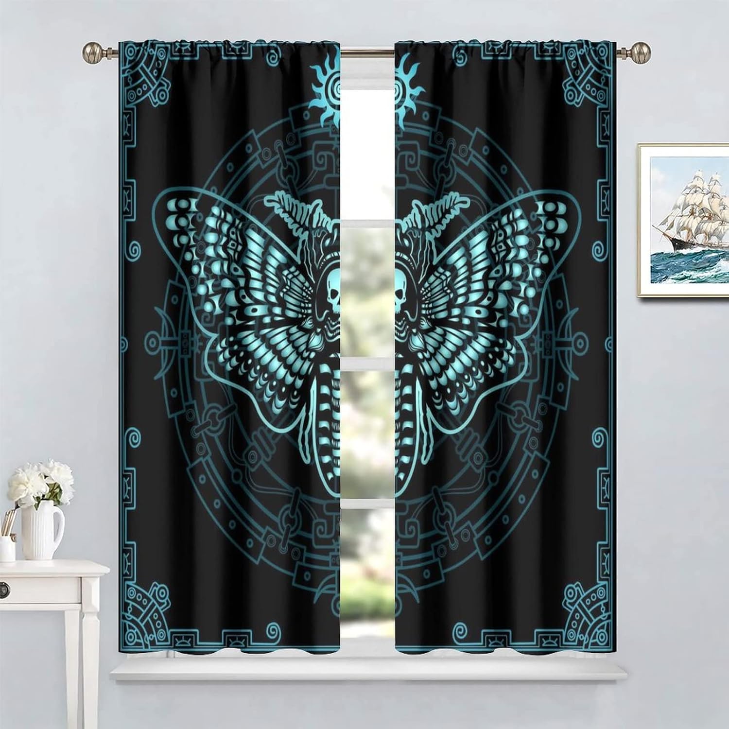 Death Moth Boho Gothic Skull Bohemian Window Curtains - Black & Blue Magic Fantasy Printed 42x63in