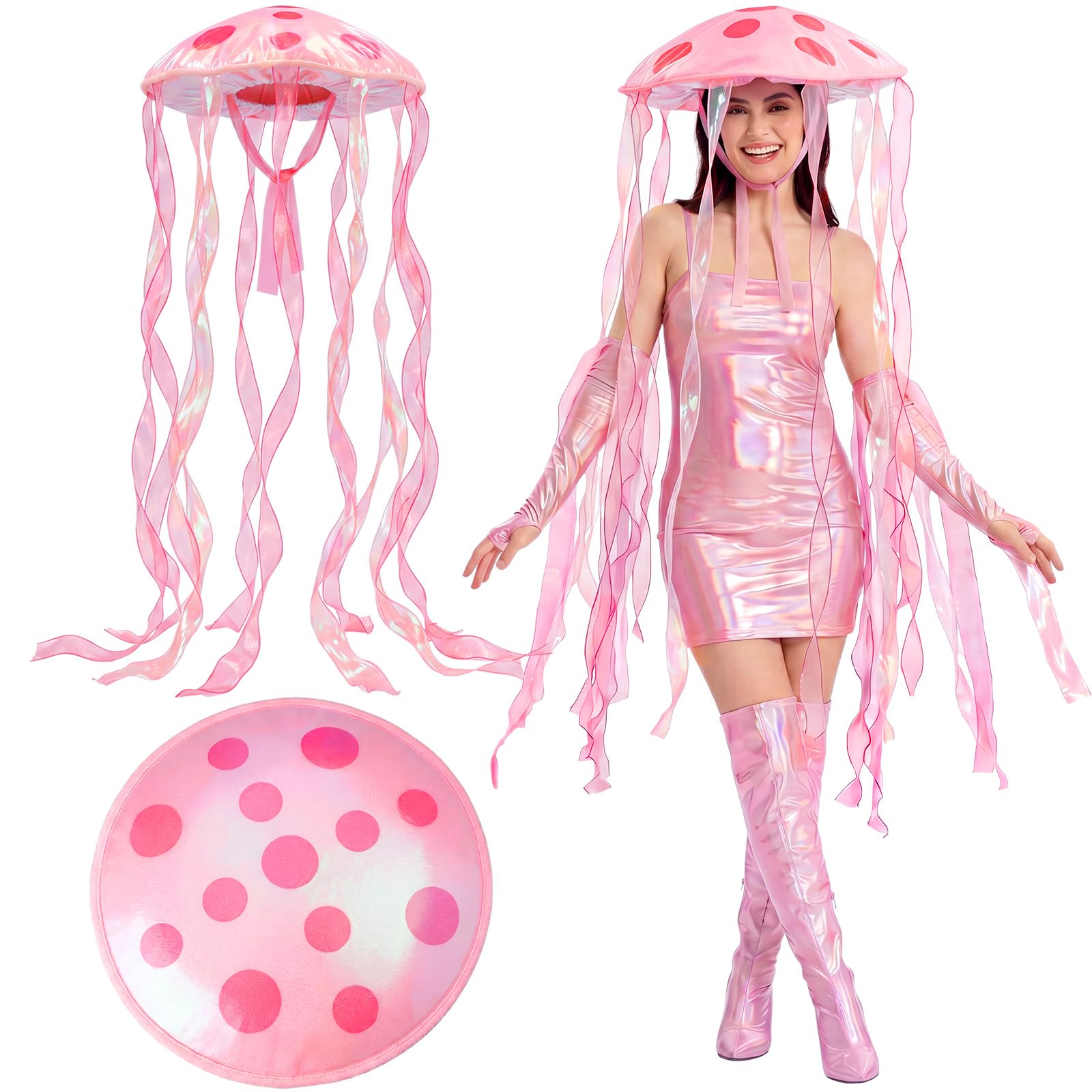 Hercicy Halloween Jellyfish Hat Sponge Party Costume Accessory Oversized Handmade Ocean Creature Novelty Headwear for Women Polka Dot Tulle Veil Headpiece for Halloween Costume Carnival Outfit Party
