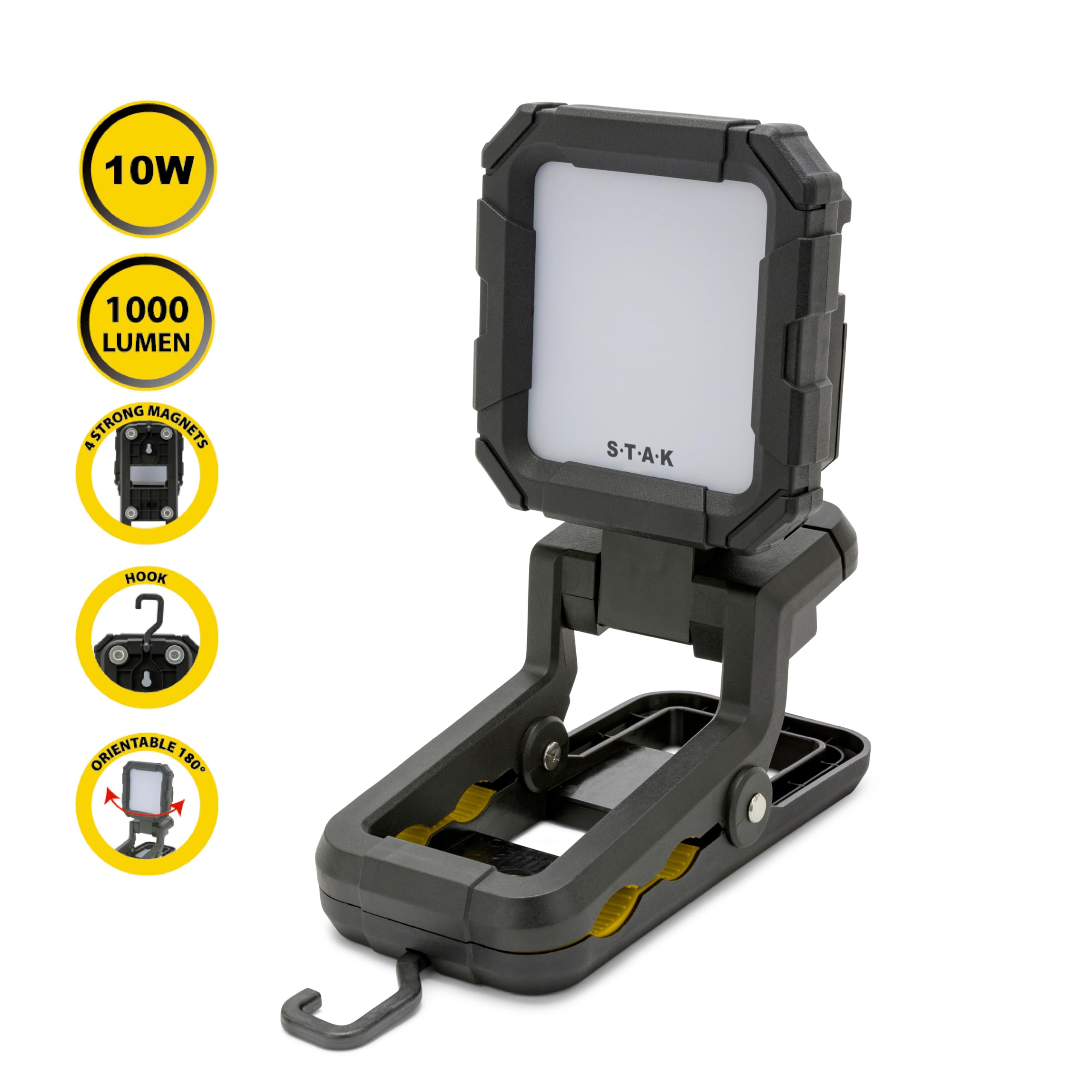 Luce da lavoro LED Ricaricabile 10W 1000lm, Faretto a Batteria con Pinza e Base Magnetica impermeabile IP54, Faretto LED Pieghevole e Rotante 360°, Faro a Batteria per Officina, Garage e Lavori
