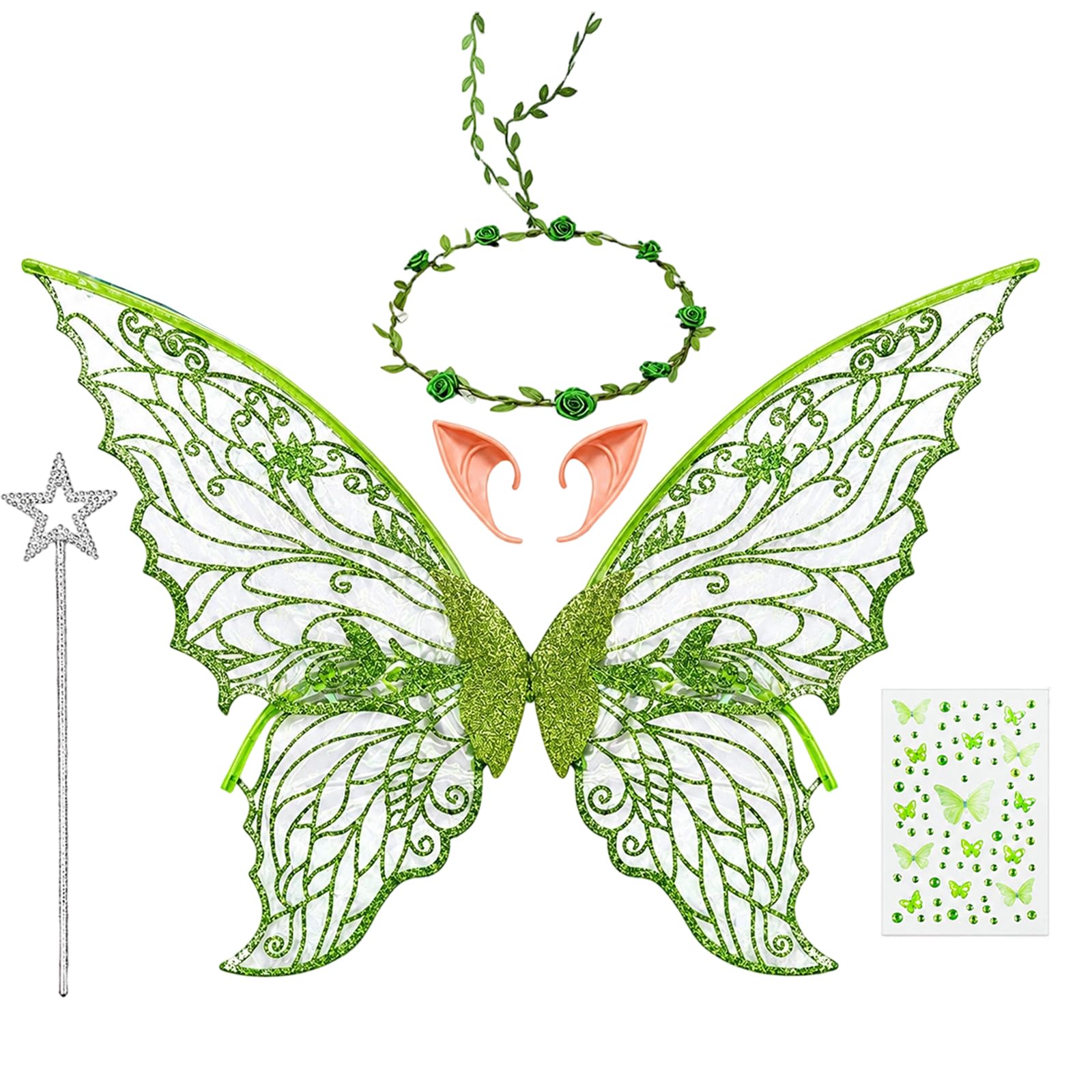 Fairy Wings, Halloween Costume, 5 Pcs Strapless Fairy Wings for Halloween Costume Parties and Fantasy Photo Shoots, Complete Set with Flower Headband, Elf Ears and Magic Wand (Green) — image 1