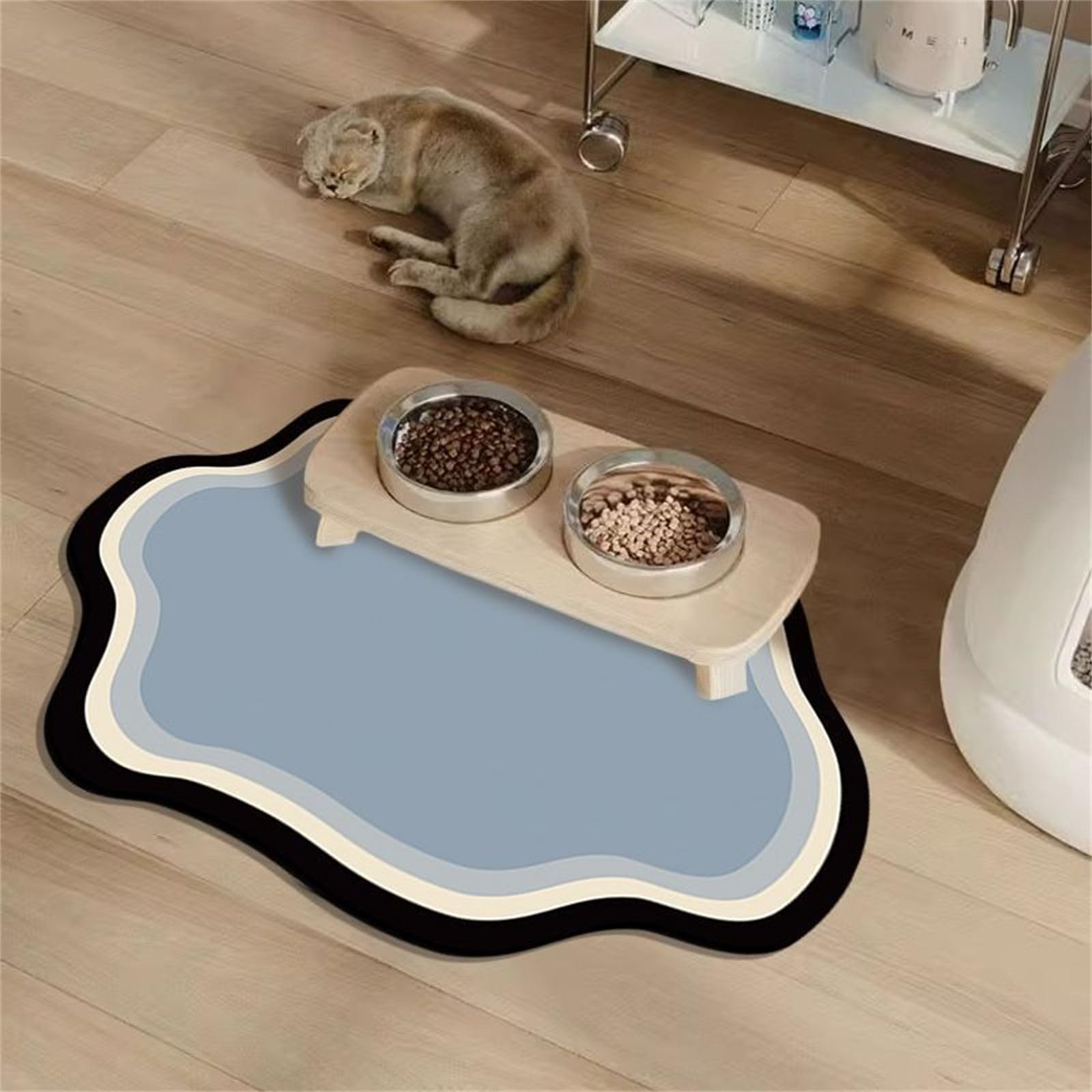 Hearda Absorbent Pet Food Mat, Irregular Shape Pet Mats for Food Bowls Pet Feeding Mat Dog Bowl Mats Non Slip Quick Dry Water Dispenser Mat Durable Dog Food Placemat (60x90cm,Blue + Black)