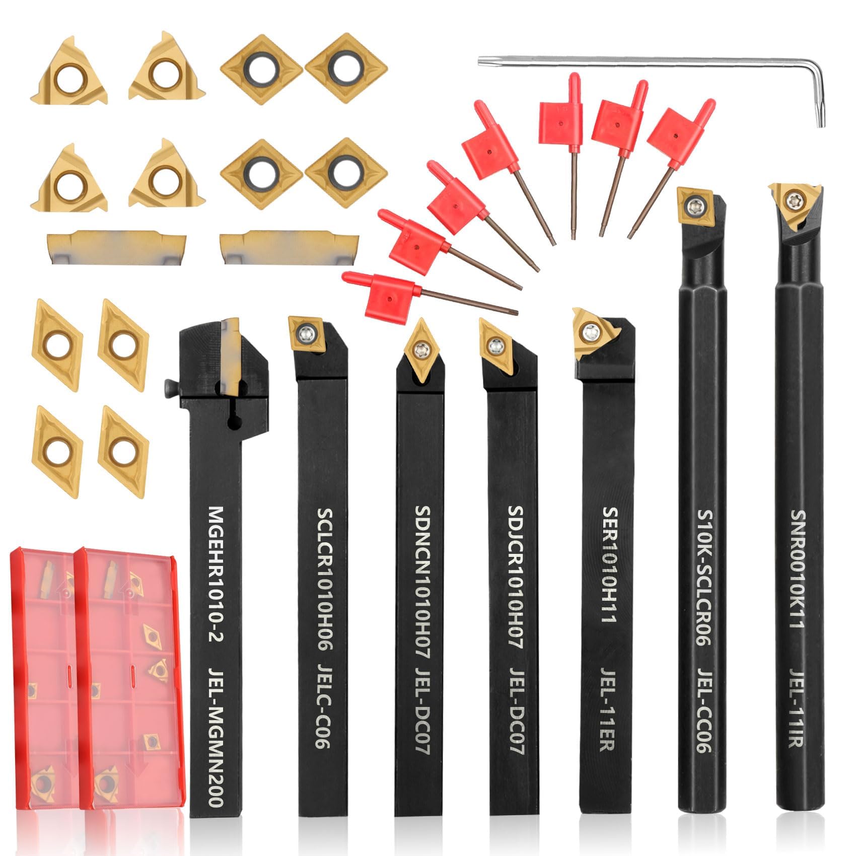 Indexable Lathe Turning Tool 21Pcs Kit 3/8'' 10mm Shank 7Pcs Metal Lathe Tools Holder Set with 14Pcs Turning Inserts
