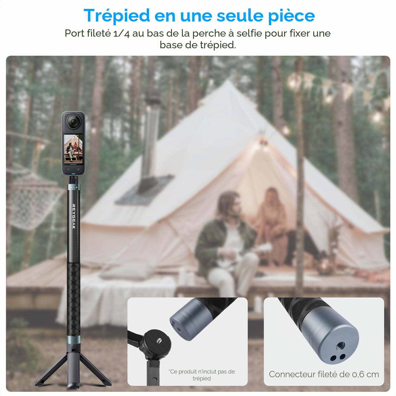 REYGEAK 300cm / 118 "Extended Selfie Rod pour insta360 X4, 7 Pieds Extra Long Invisible Selfie Rod avec 1/4 vis Fibre de Carbone Étanche Extension Monopode pour inst360 X4 / X3 /X2 / One