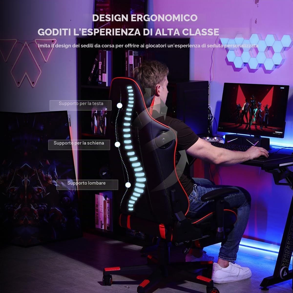GTPLAYER Sedia da Gaming con Poggiapiedi e Altoparlante Bluetooth Poltrona Ufficio Scrivania Ergonomica Sedie Musicale Rossa