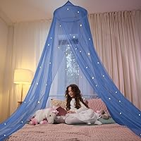 Bollepo Blue Glow-in-the-Dark Stars Bed Canopy for Kids - Fire Retardant Mesh Net for Twin/Full Beds, Boys & Girls Magical Bedroom Decor