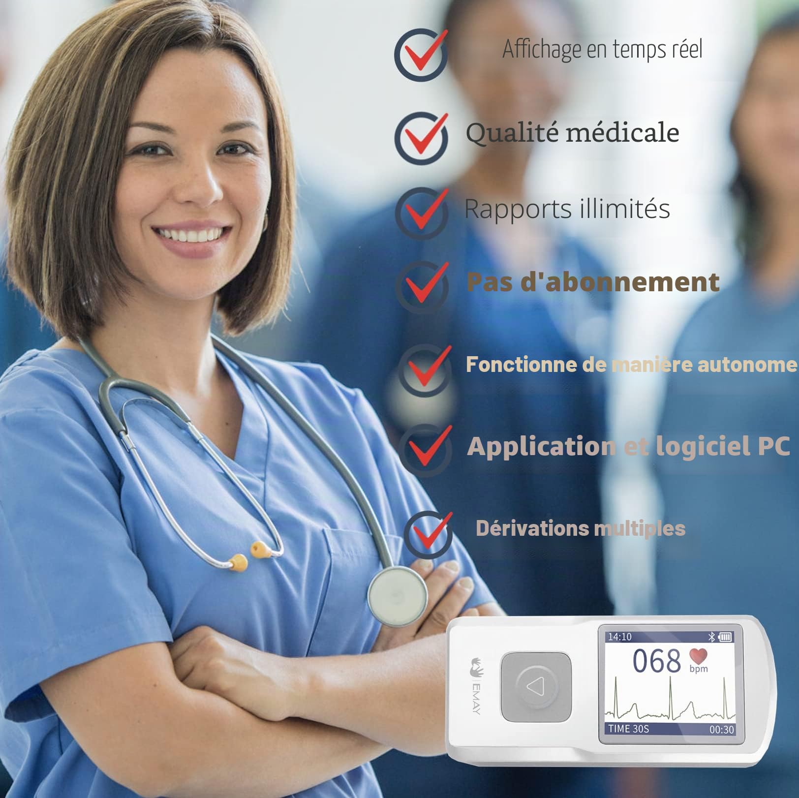 EMAY Bluetooth Moniteur ECG Portable (for iPhone & Android, Mac & Windows), Moniteur ECG Personnel sans Fil, Mobile Electrocardiographe, Mesure la fréquence Cardiaque, ECG et Les symptômes (EMG-20)