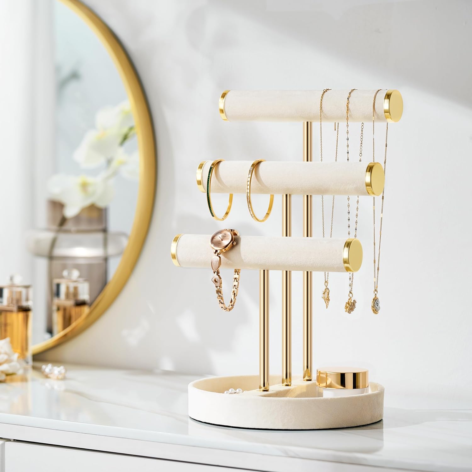 Bracelet Holder Jewelry Organizer Display - 3 Tier T Bar Velvet Stand, Beige Necklace Holder Organizer, Bracelet Holder, Earring Holder and Ring Display for Jewelry Organizers and Storage - Image 5