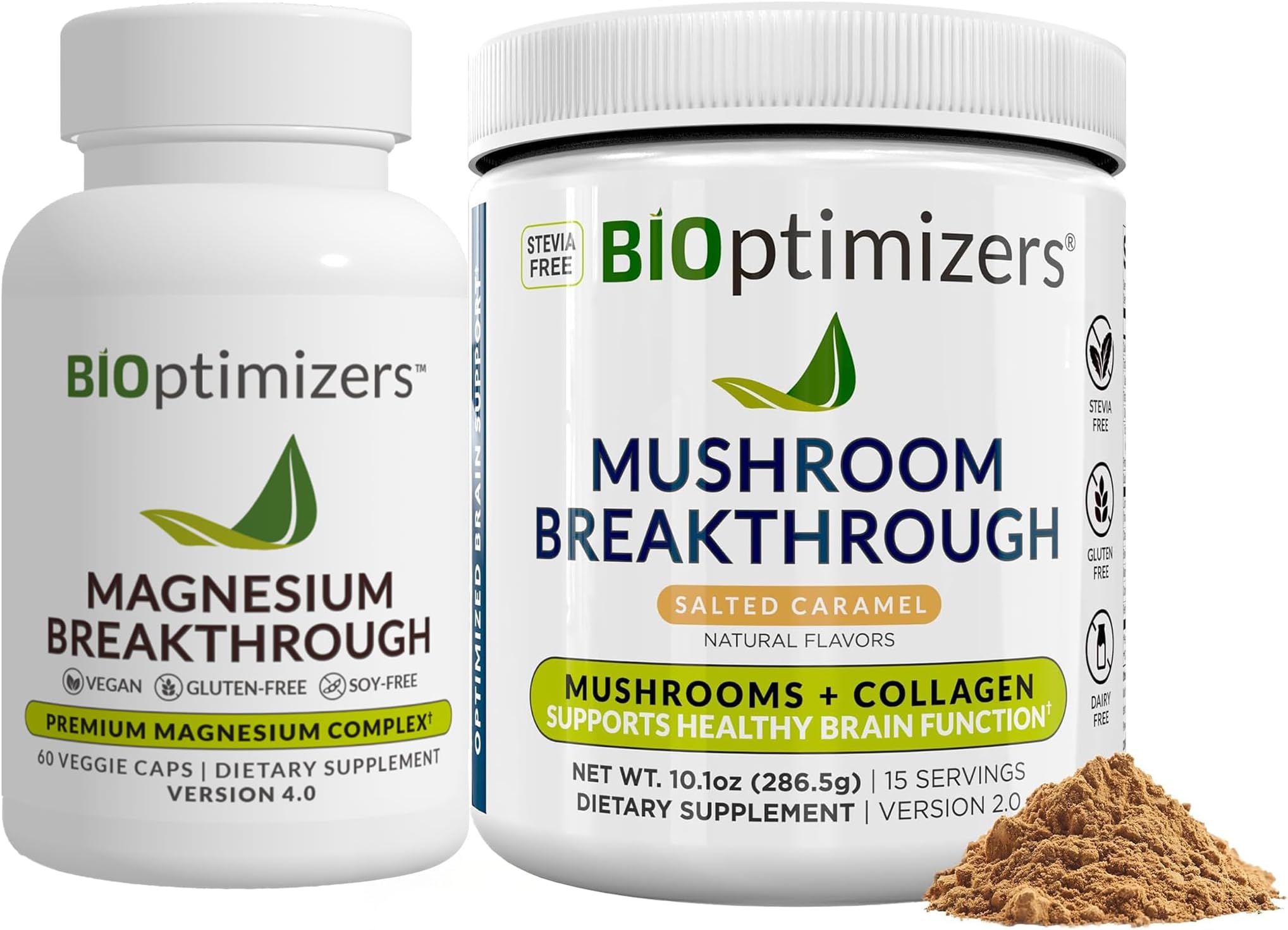 BiOptimizers Magnesium Breakthrough 4.0, (60 Capsules) & Mushroom Breakthrough Powder (Salted Caramel, 15 Servings) - Natural Sleep and Brain Superfood & Supplement Bundle