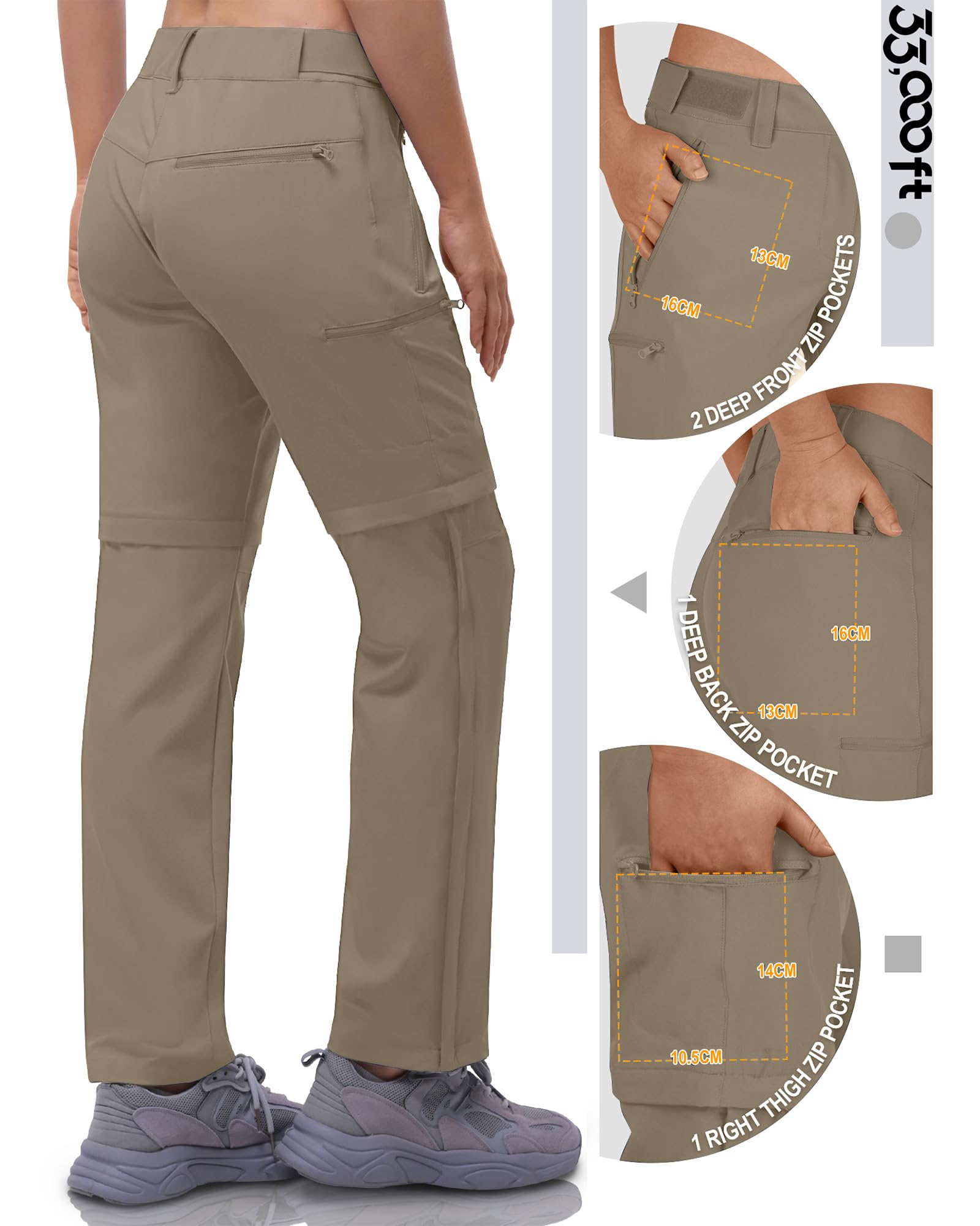 33,000ft Pantaloni da donna con zip off, traspiranti, da trekking, ad asciugatura rapida, elasticizzati, rimovibili, per attività all'aria aperta, estivi, funzionali