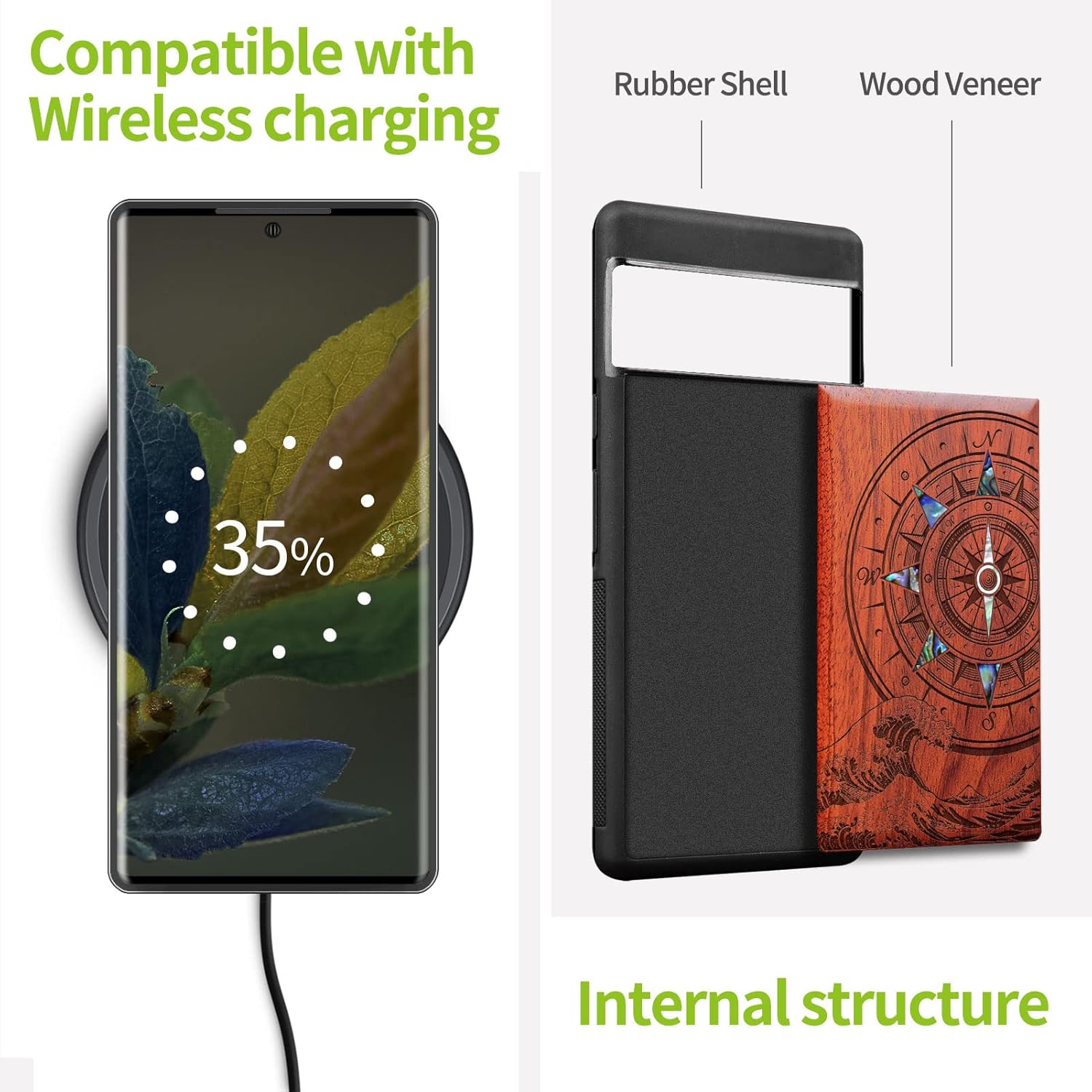 Carveit Designer Wooden Case for Google Pixel 6 Pro Case Cover [Wood Engraving & Shell Inlay] Wood Phone Case Compatible with Wireless Chargers Pixel 6 Pro (Sea Wave Compass-Rosy)