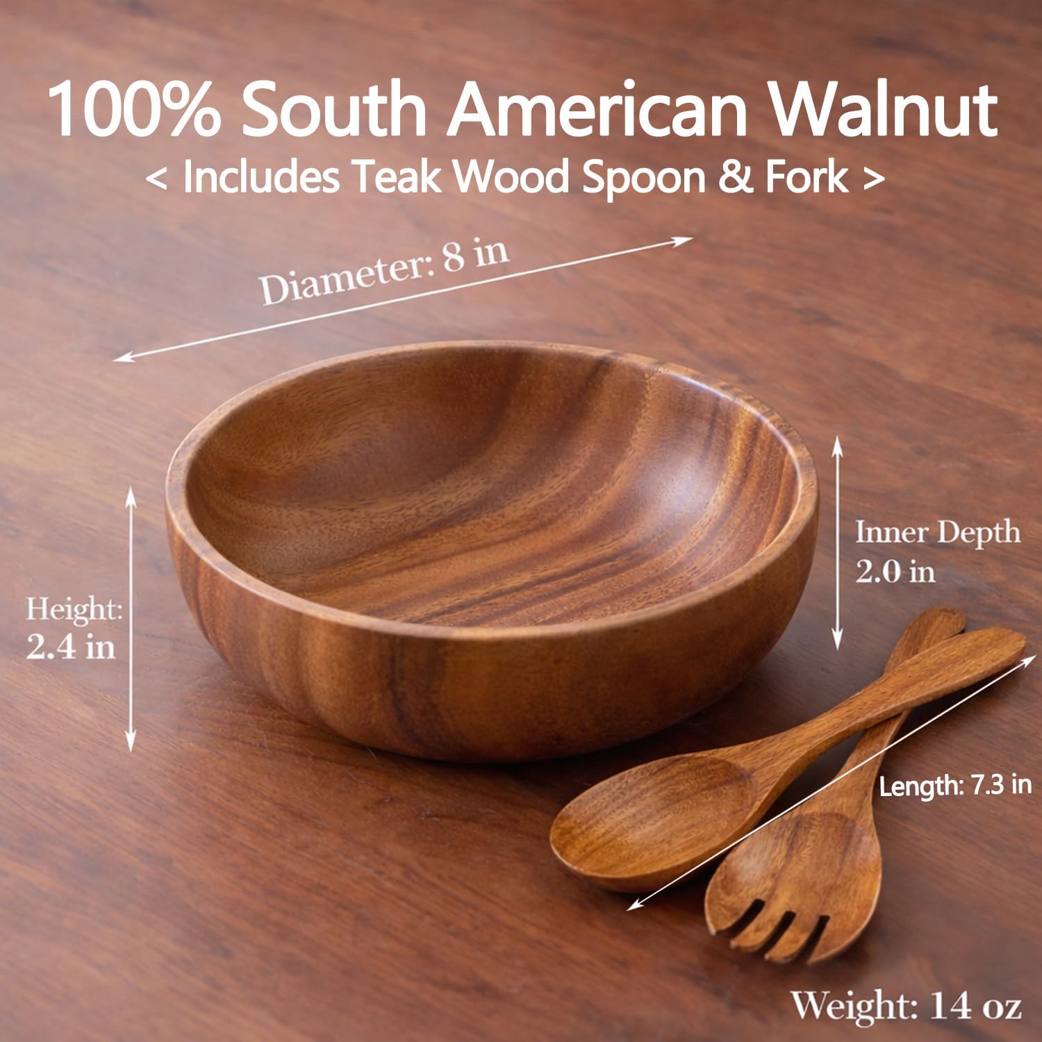 Wooden Serving Bowl 8 Inch, Individual Salad & Pasta Bowl, Walnut Wood Snack & Fruit Bowl, Rustic Farmhouse Round Dinnerware for Kitchen Table