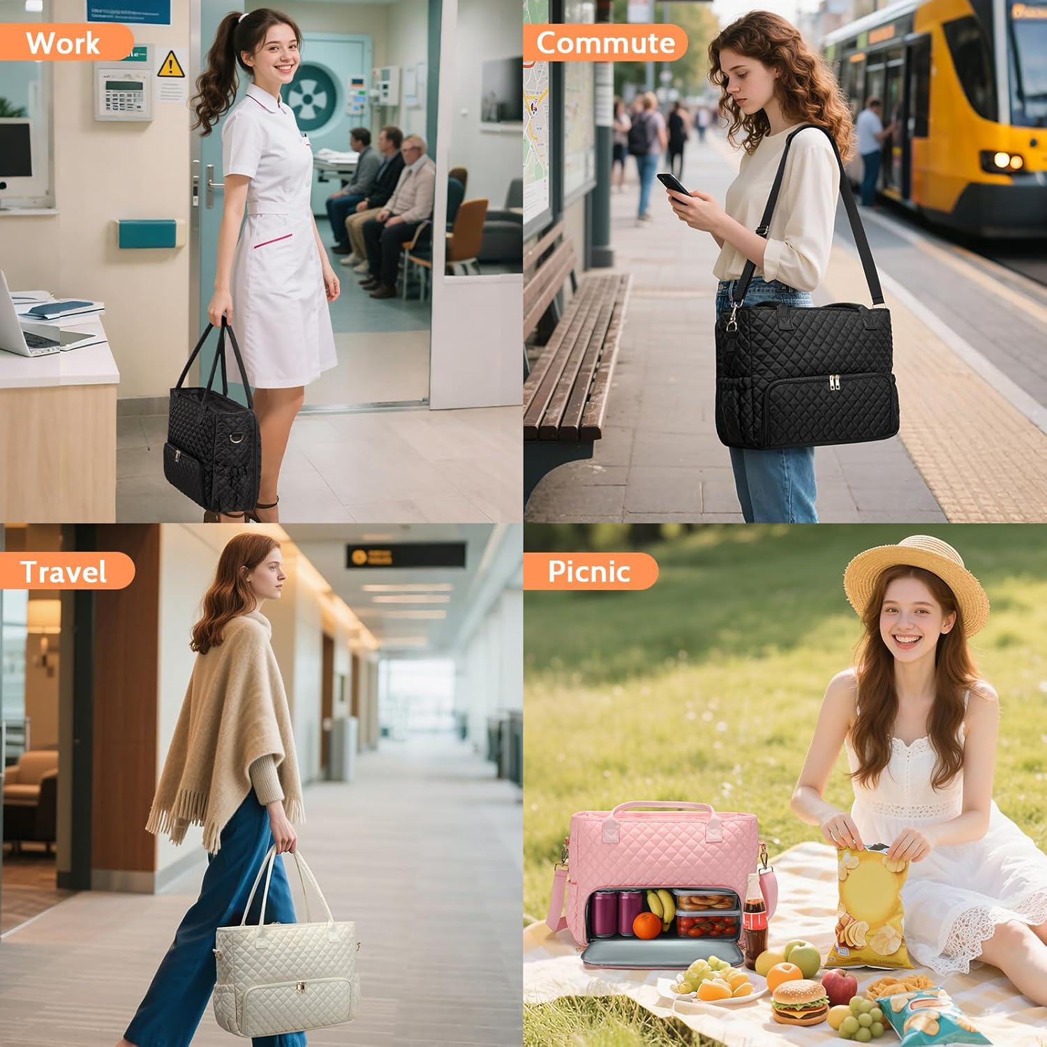 2-in-1 Lunch & Laptop Tote Bag 15.6" Work Bags for Women Polyester Casual Teacher Nurse Bag Laptop Briefcase