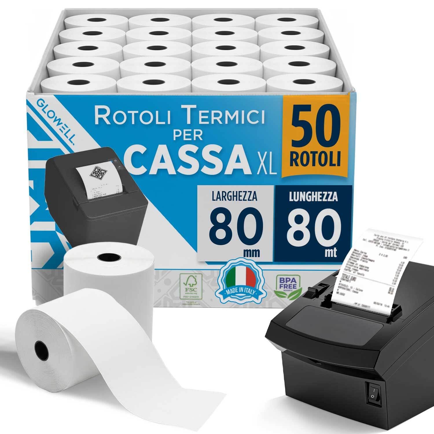 Glowell Rotoli POS 80x80 m di Lunghezza in Carta Termica con foro da 12 mm - Stampa Scontrini alta qualità, Rotoli Cassa per Stampante Termica Scontrini Bancomat, Carta Pos Made in Italy (50pz)