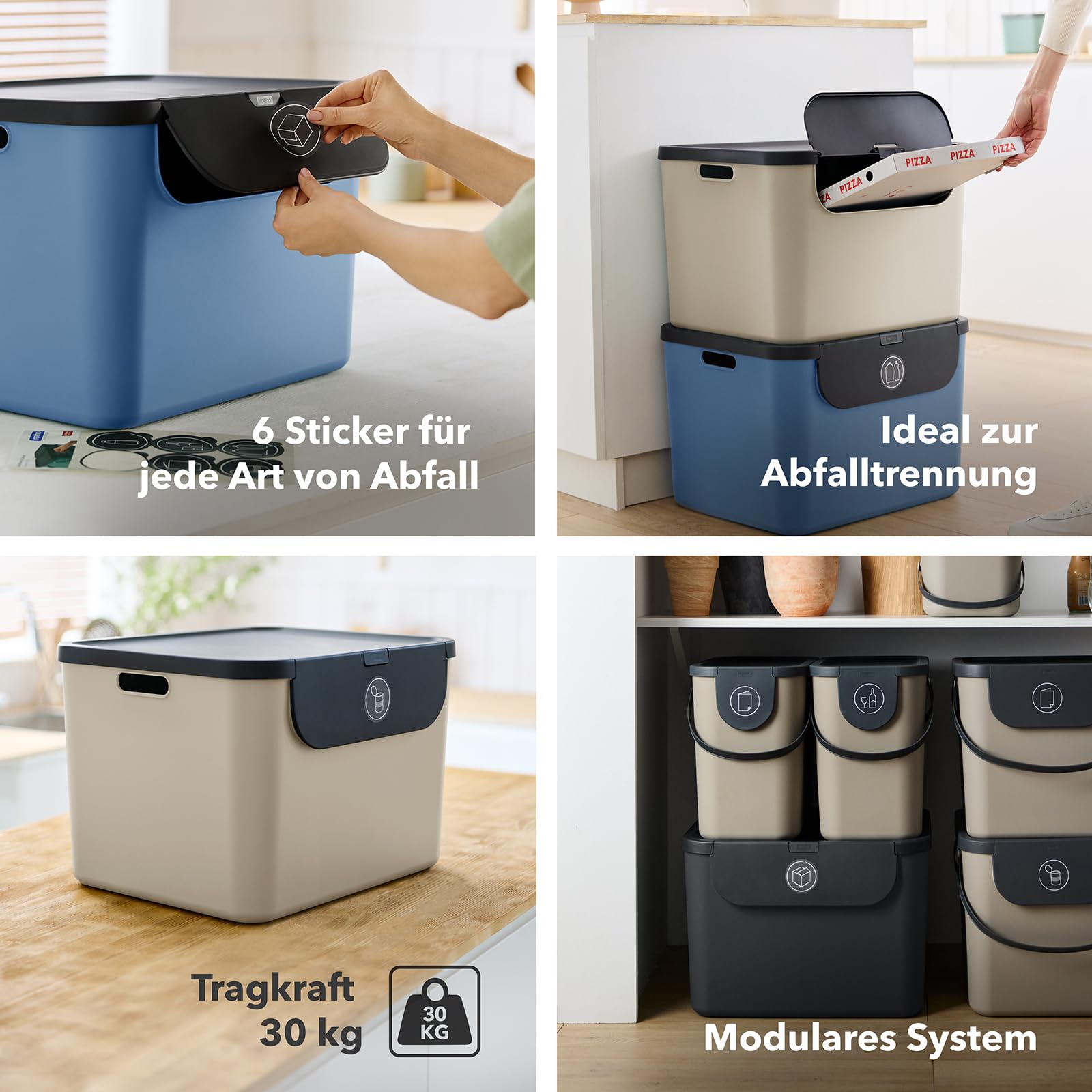 Rotho Mülleimer Küche Albula Mülltrennsystem 3-teilig mit Deckel 105 L | Mülleimer mit Deckel, Papierkorb für Büro und Haushalt, schwenkbare breite Klappe, stapelbar, zwei Tragegriffe, 6 Sticker