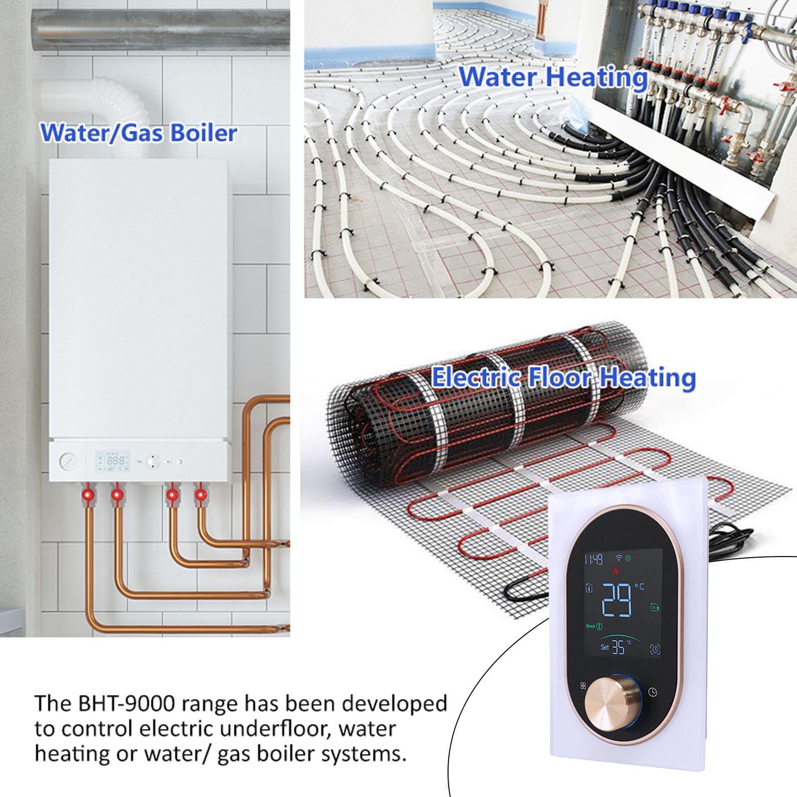 Inteligentny termostat pokojowy WiFi regulator temperatury do sterowania ogrzewaniem elektrycznym za pomocą pokrętła z ekranem dotykowym (Bianco)