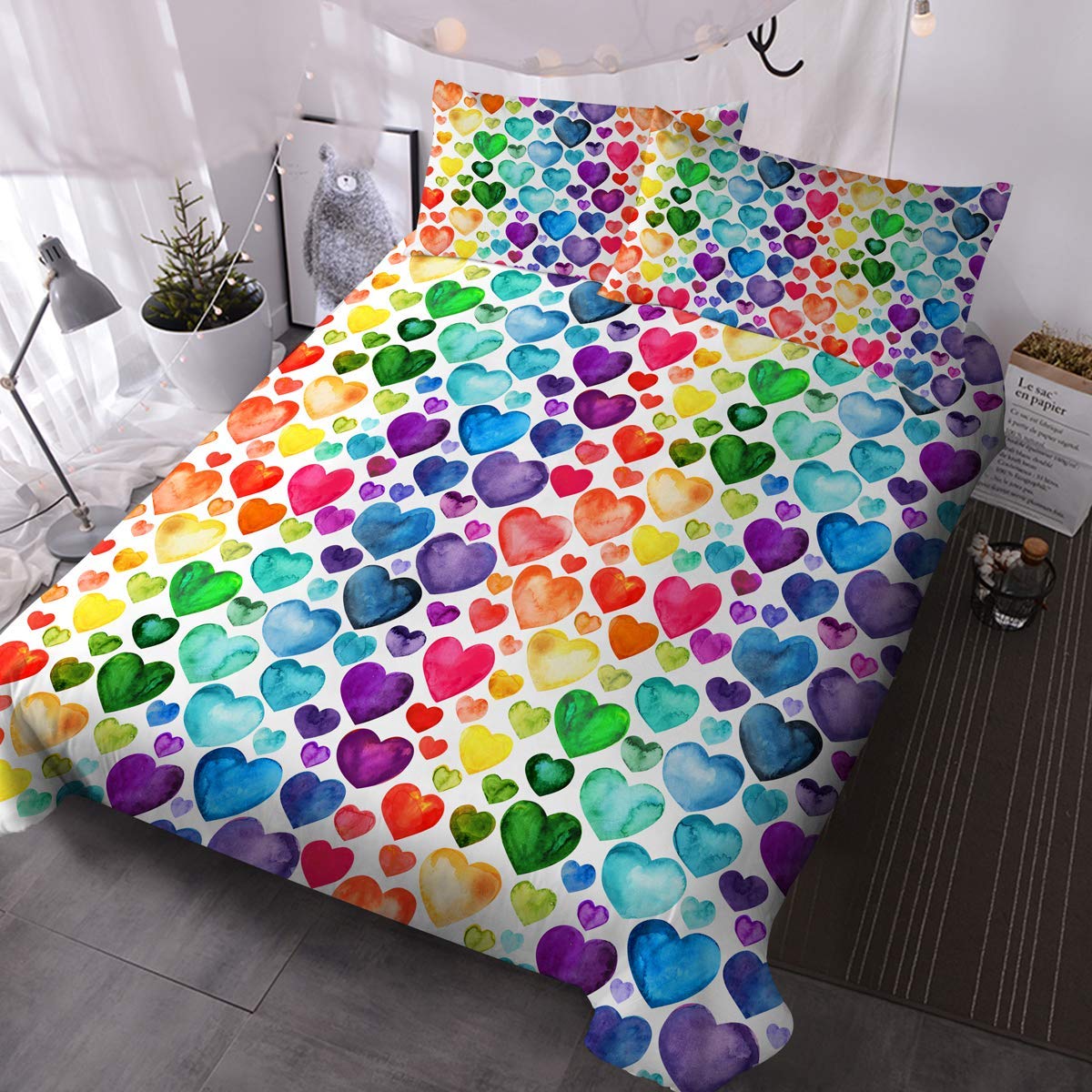 Blessliving Girls Hearts 3D Rainbow Duvet Cover Set Modern Pattern Printed Bedding Set With Zipper Closure 3 Pieces Soft Quilt Cover (Double)