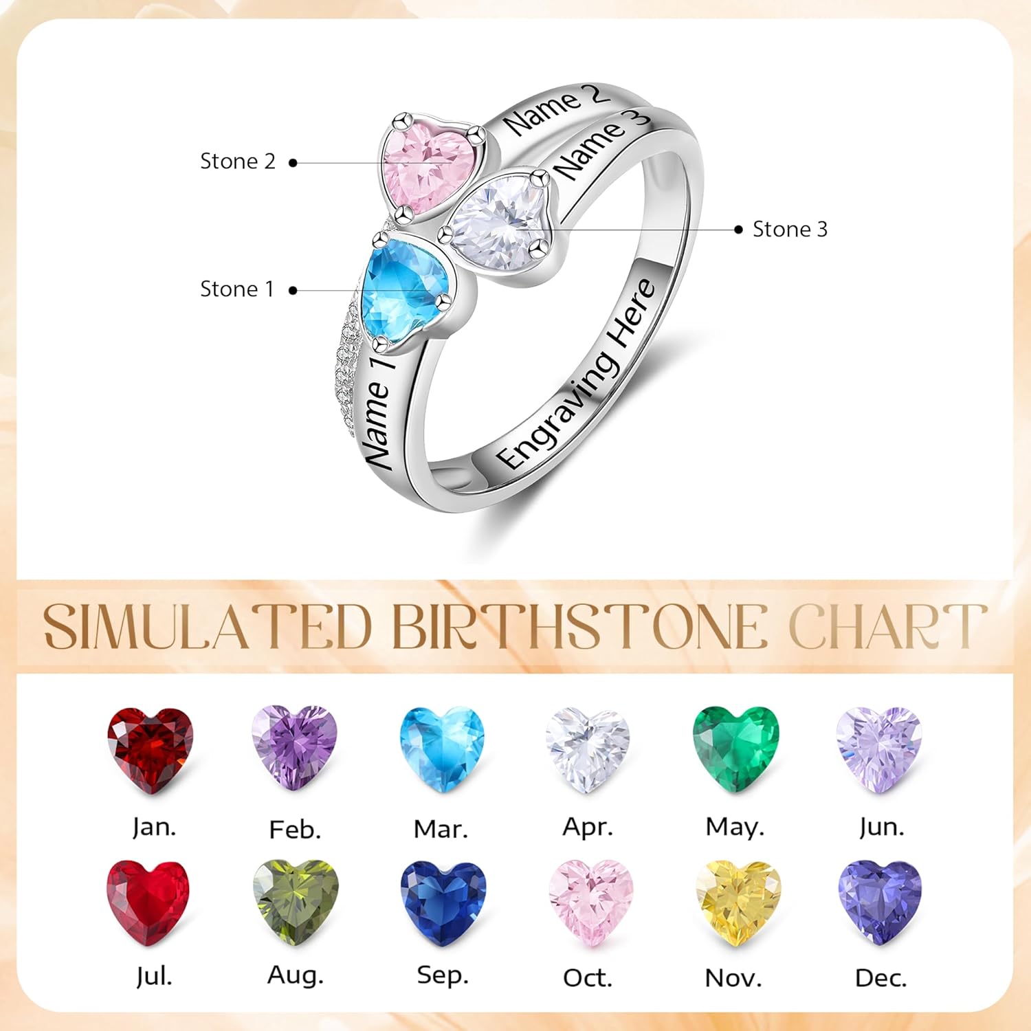 925 Sterling Silver Personalized Mothers Ring with 2 Birthstones Custom Engraved Name Engagement Wedding Promise Rings for Women Mothers Day Birthday Gifts for Mom Grandma Wife