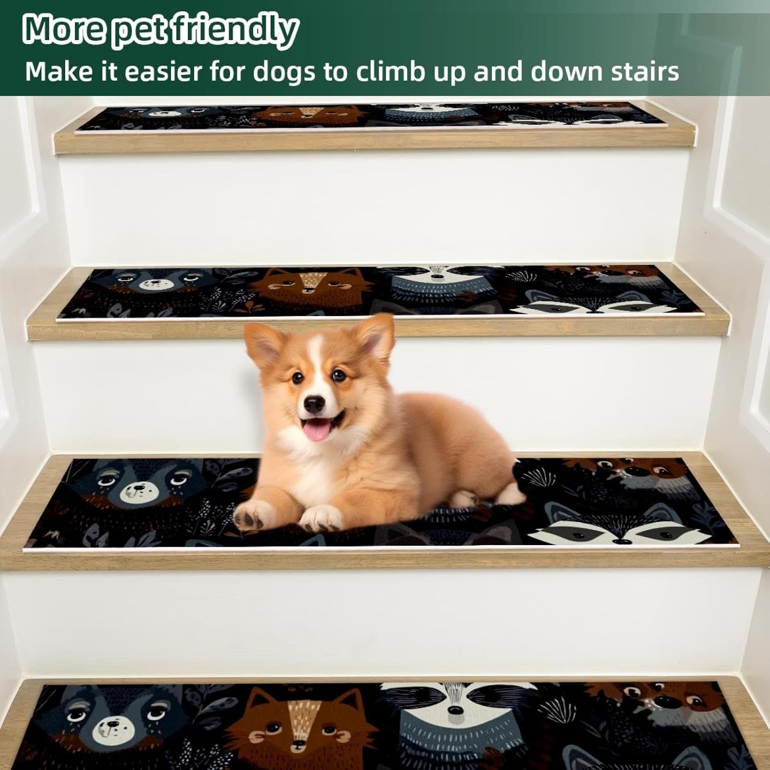 15 Pack Raccoons Pattern Stair Treads,8" X 30" Non Slip Carpet Stair Treads Reusable Staircase Step Treads Carpet Treads for Wooden Steps Indoor