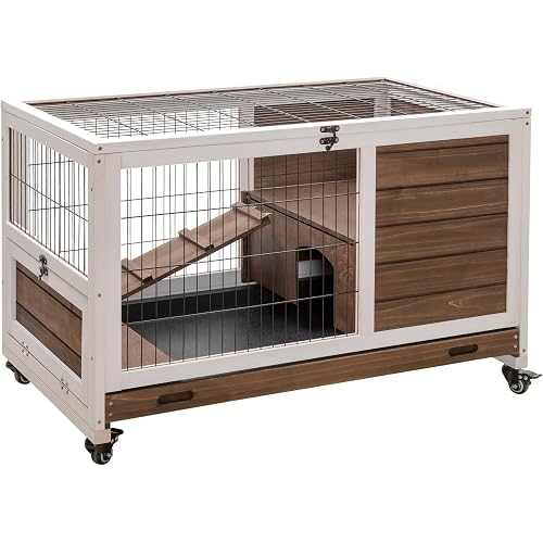 PawHut Wooden Rabbit Hutch Indoor Outdoor, Elevated Bunny Cage with No Leak Tray Enclosed Run with Wheels, Ideal for Guinea Pigs and Small Animals, Brown