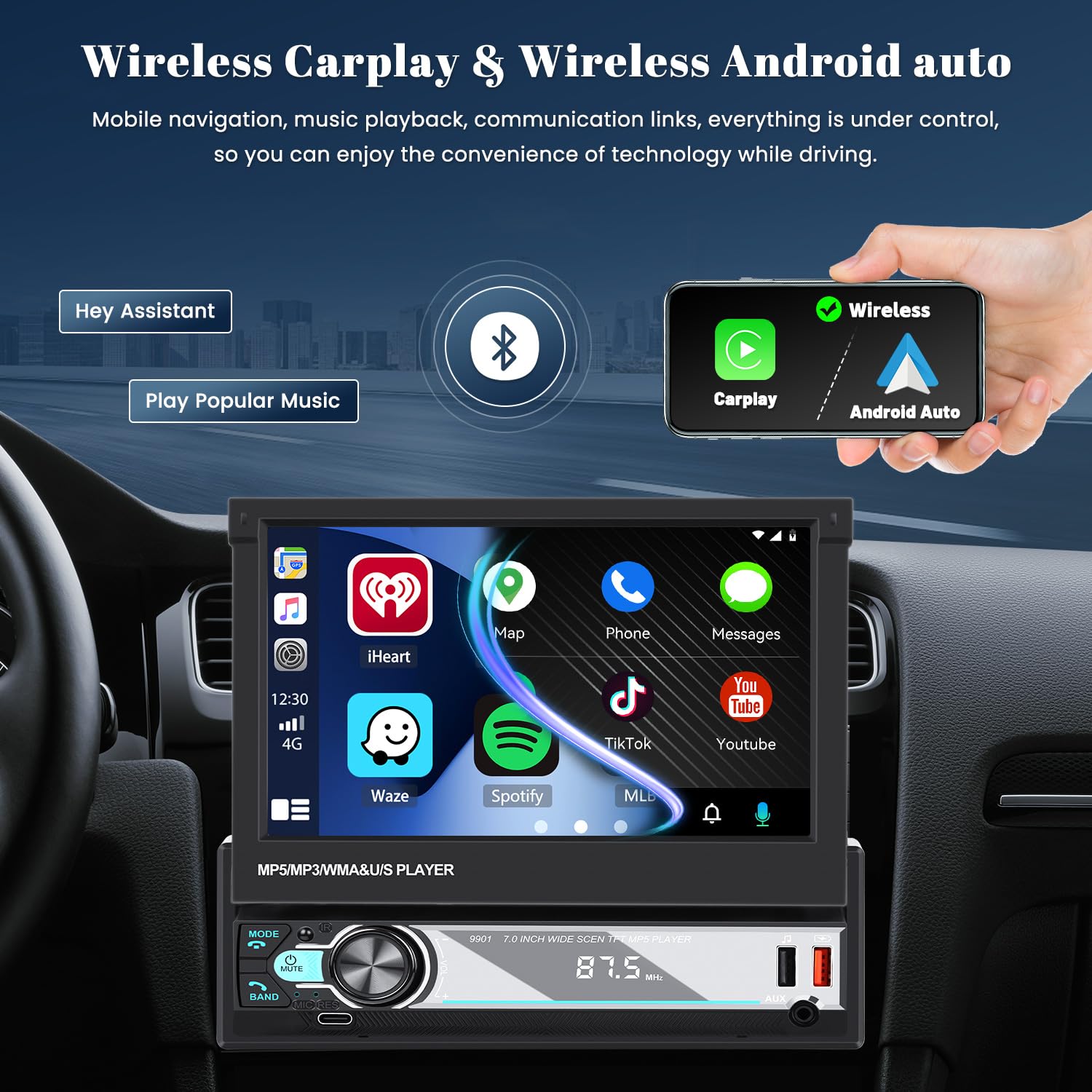 Stereo Auto Autoradio 1 Din Con Schermo Motorizzato 7 - Wireless CarPlay & Android Auto, Bluetooth 5.1, Telecamera Retromarcia Controllo Al Volante