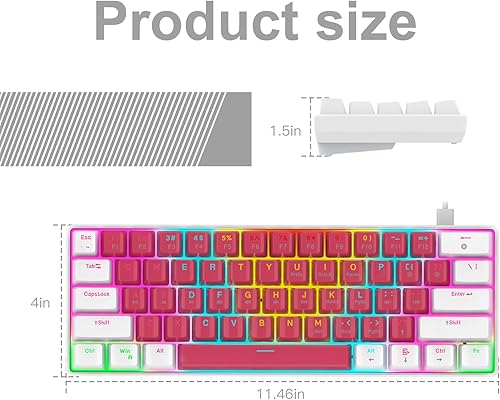 Miniatura 5 de Teclado portátil 60% mecánico para juegos, compacto de 61 teclas Mini USB-C Teclado de computadora Interruptor rojo para PC con Windows Laptop -