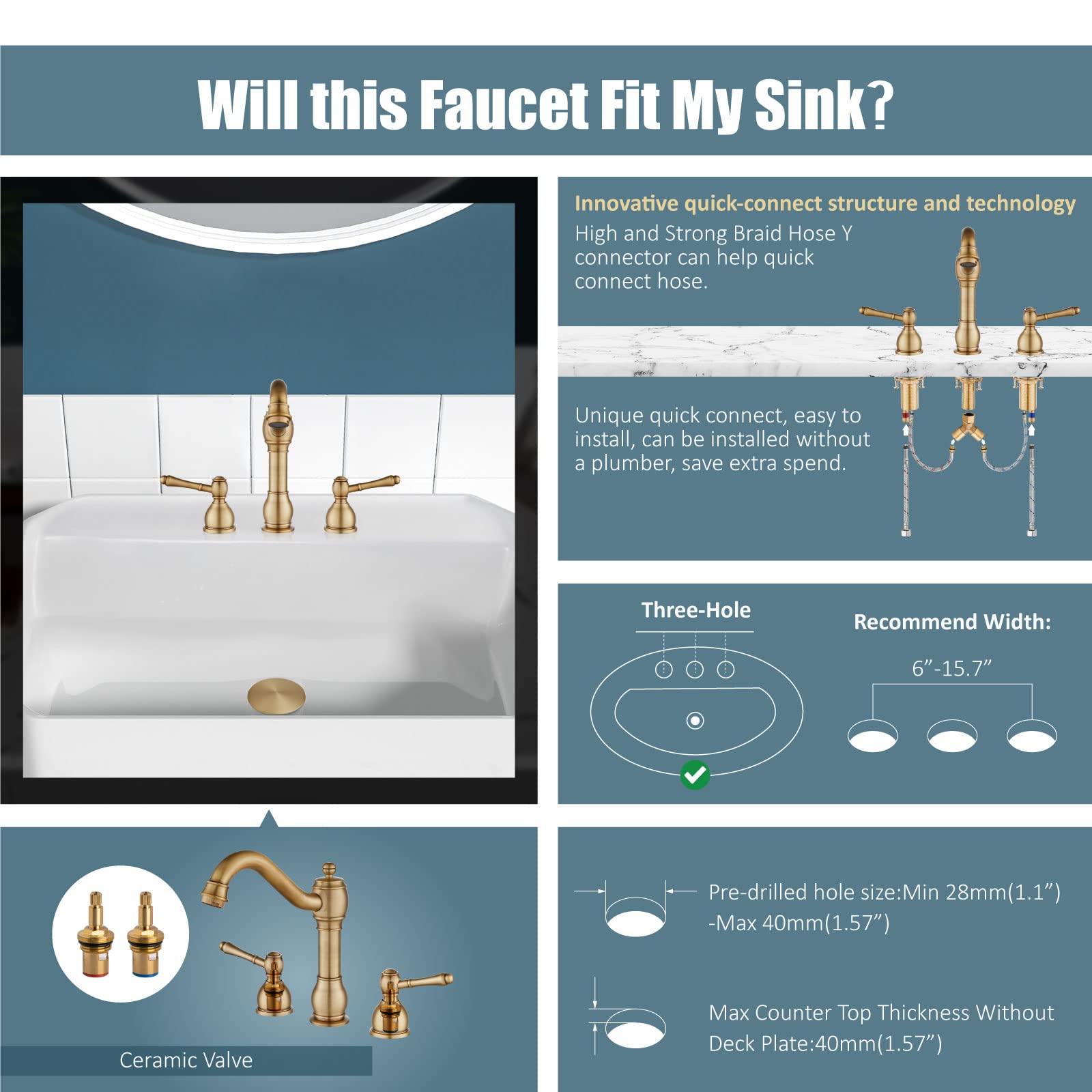 Aolemi Antique Brass 8 Inch Widespread Bathroom Sink Faucet Double Handle 3 Hole Deck Mount Vanity Basin Mixer Tap with Pop Up Drain Assembly