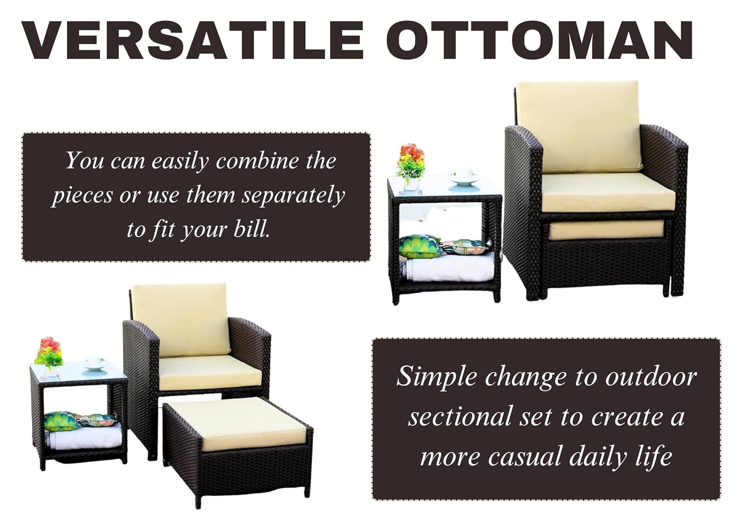 DEVOKO 5 Piece Patio Wicker Chair and Ottoman Set with Storage Glass Top Table All Weather Rattan Waterproof Cushioned Bistro Sectional Furniture for Porch, Garden,Balcony, Deck (Dark Brown & Cream) 5 71KTPM2la L. SL1500