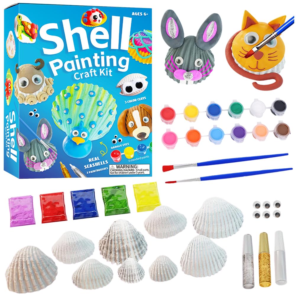 MIFKLMV Sea Shell Painting Kit Kids, Paint Arts and Crafts for Kids, 11 Natural Shells, Educational DIY Crafting Painting Creative Arts and Crafts for Ages 3-12 Girls Boys