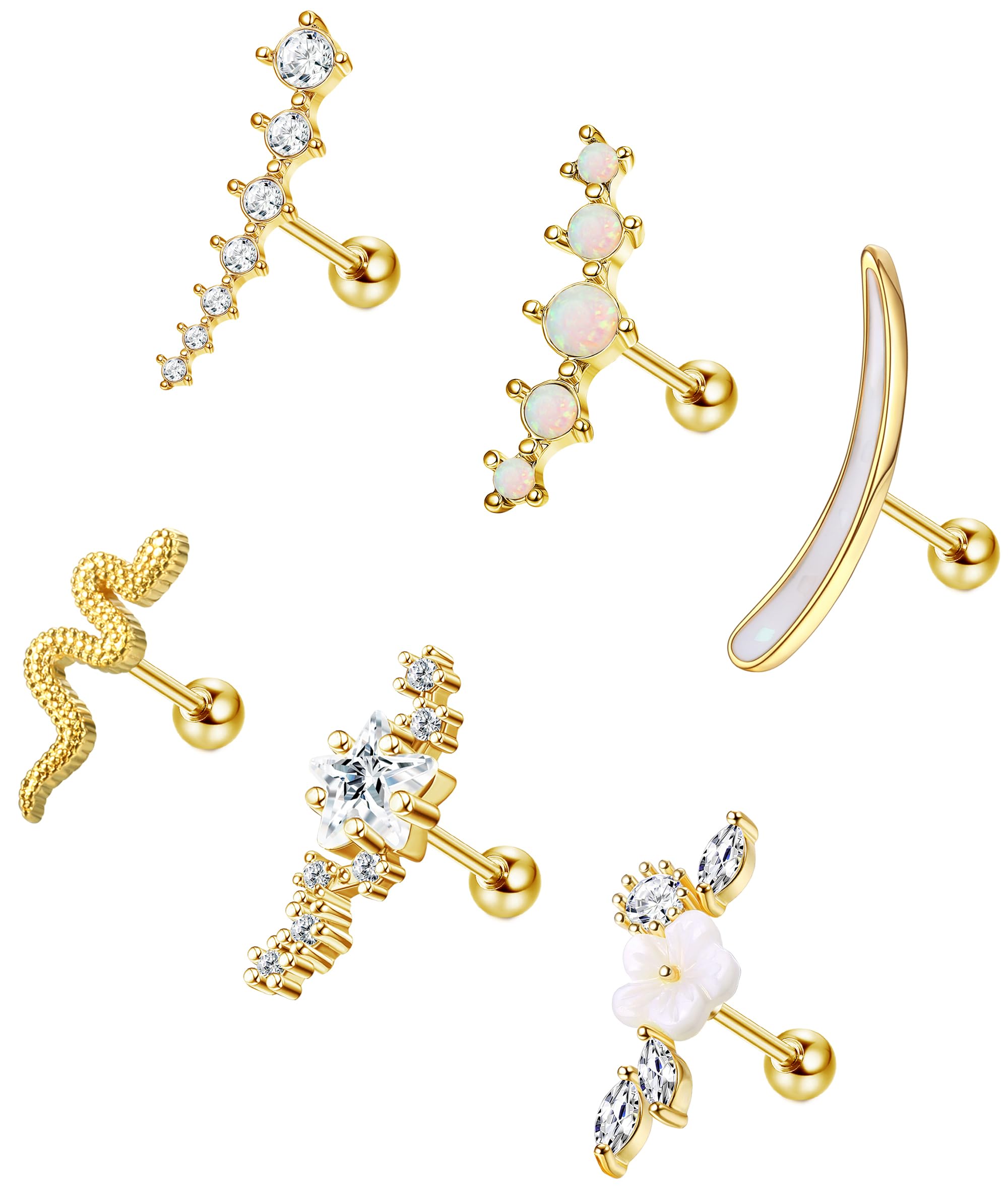 JeryWe 6 Pzas 16G Pendientes de Acero Inoxidable de Cartílago para Mujeres Niñas CZ ópalo escalador curva Flor Estrella Serpiente Crawler Oreja Superior Hélix Concha Daith Piercing Joyería Set