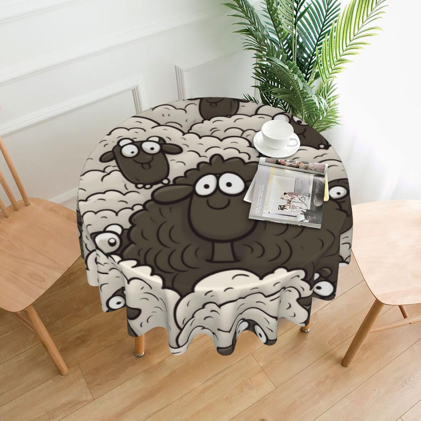 FodPand Cartoon Black White Sheep Tablecloths for Round Tables 60 Inch - Reusable Washable Dining Table Clothes - Stain and Wrinkle Resistant Decorative Fabric Table Cover for Wedding Party