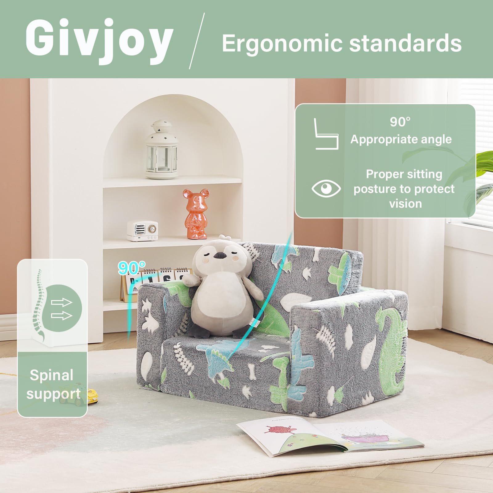 MeMoreCool Glow-in-the-Dark Dinosaur Toddler Chair - Soft Plush Armchair For Kids 1-3 Years, Reading Nook, Playroom