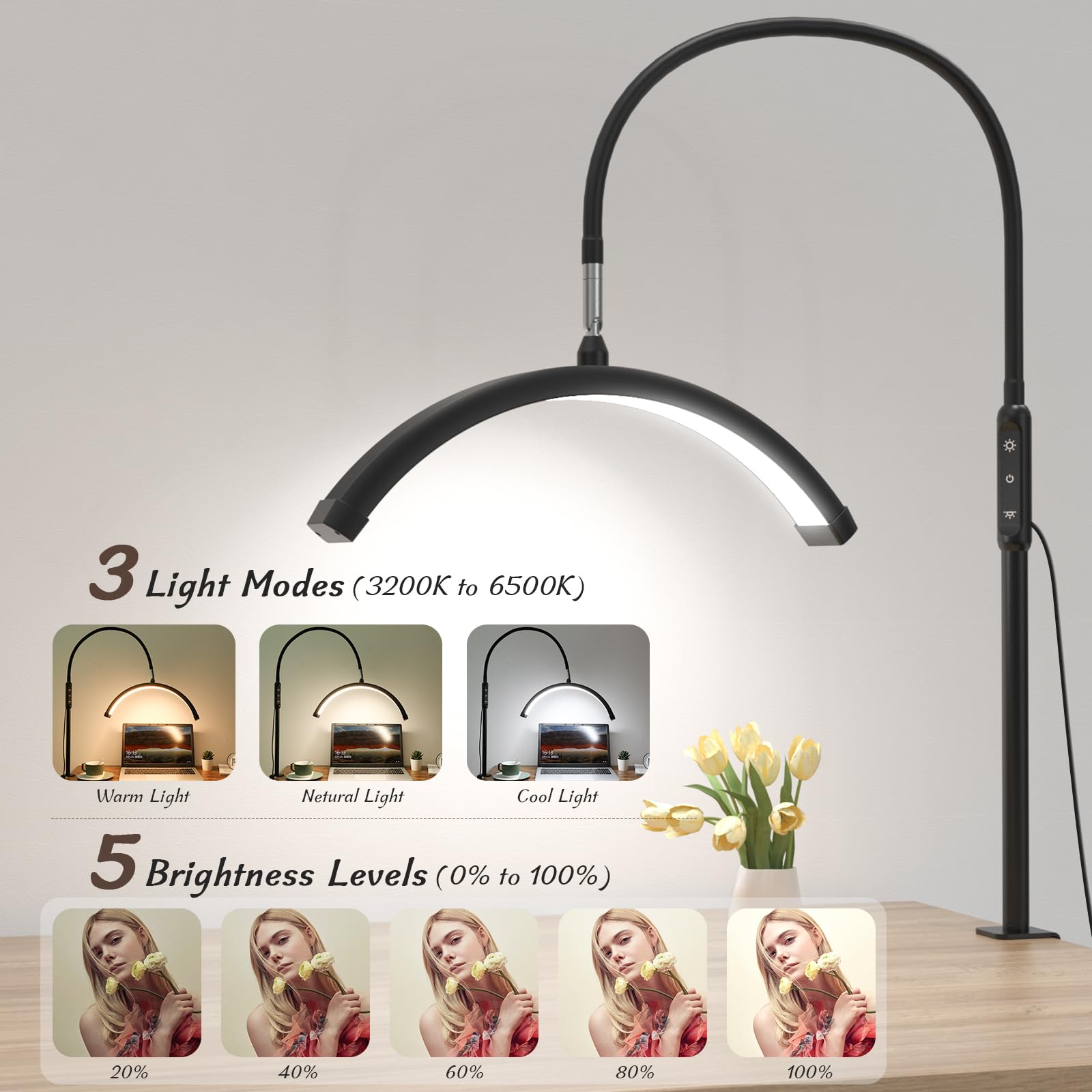 Mznoo Luce a mezza luna con morsetto, lampada da tavolo a LED per manicure, lampada da scrivania per unghie, extension per ciglia, cura della pelle e tatuaggi, 5 livelli di luminosità e 5 modalità di