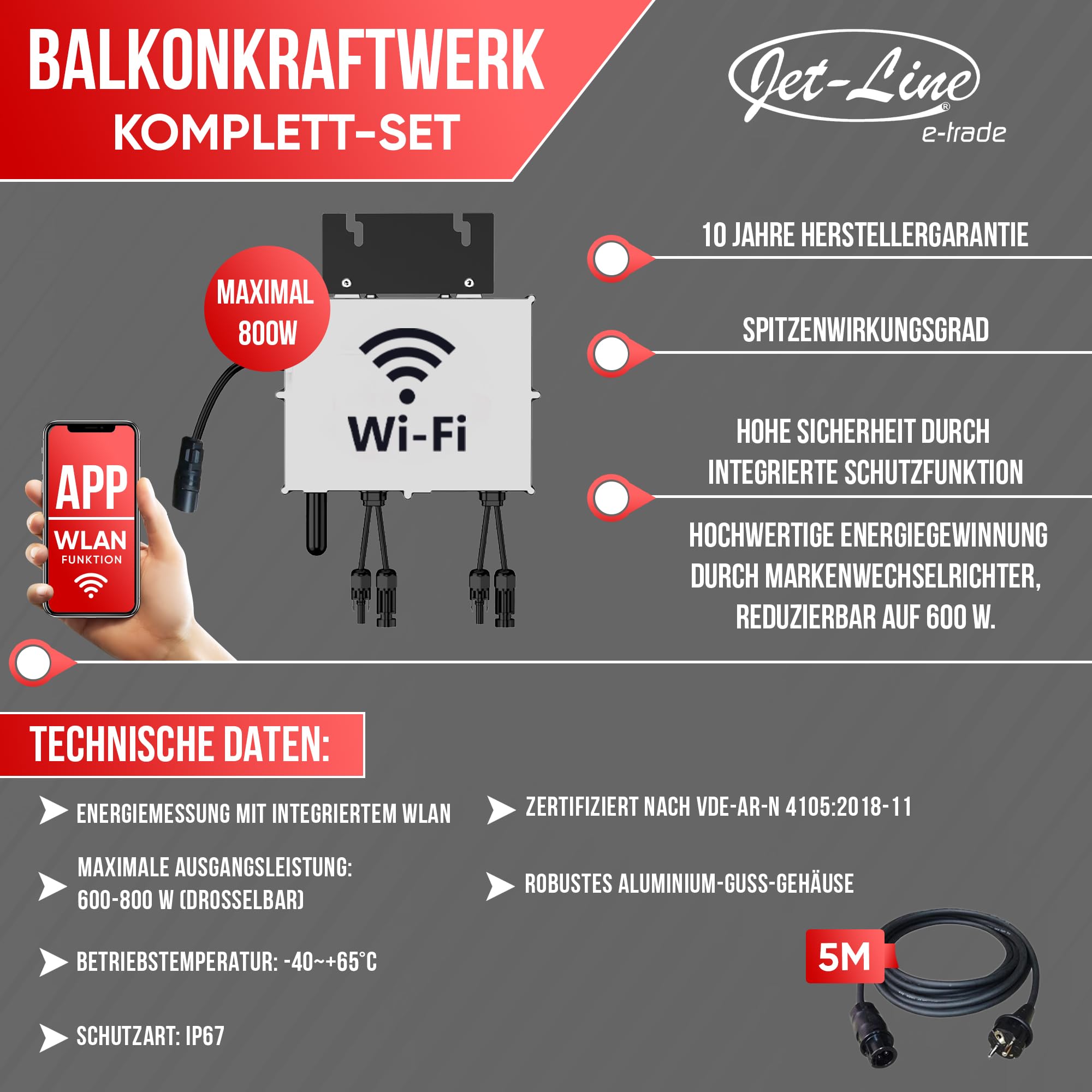 Jet-Line | Balkonsolaranlage | 830W Module | 800W/600W Wechselrichter drosselbar per App | Balkonkraftwerk komplett Steckdose | Komplettset | Photovoltaikanlagen |