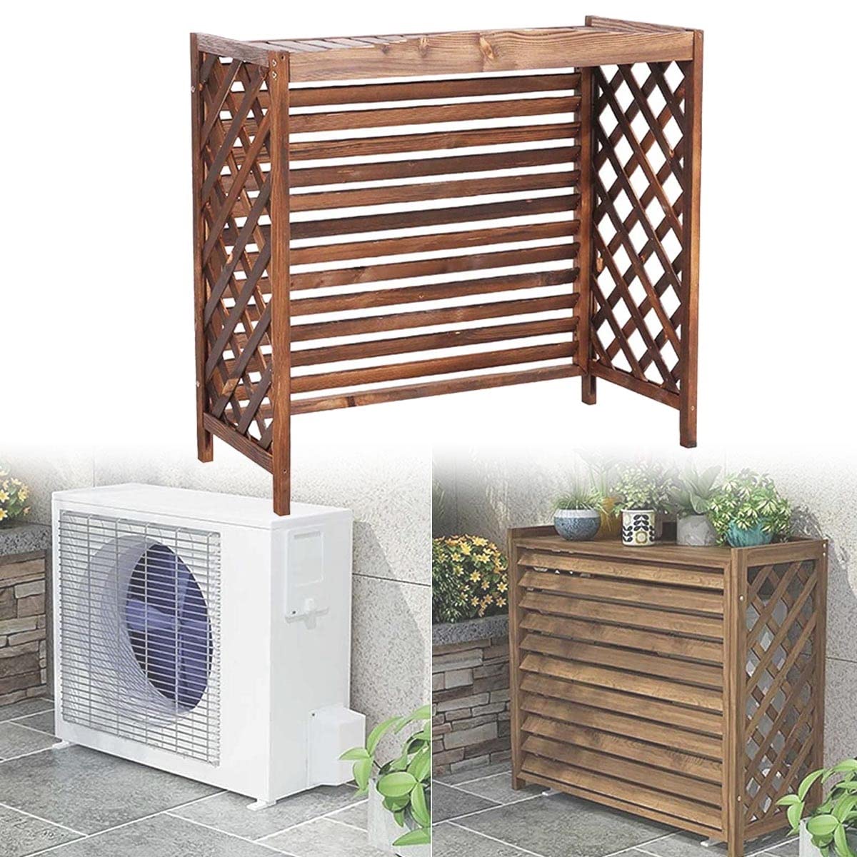 Cache-climatiseur extérieur bois et étagère fleurs terrasse