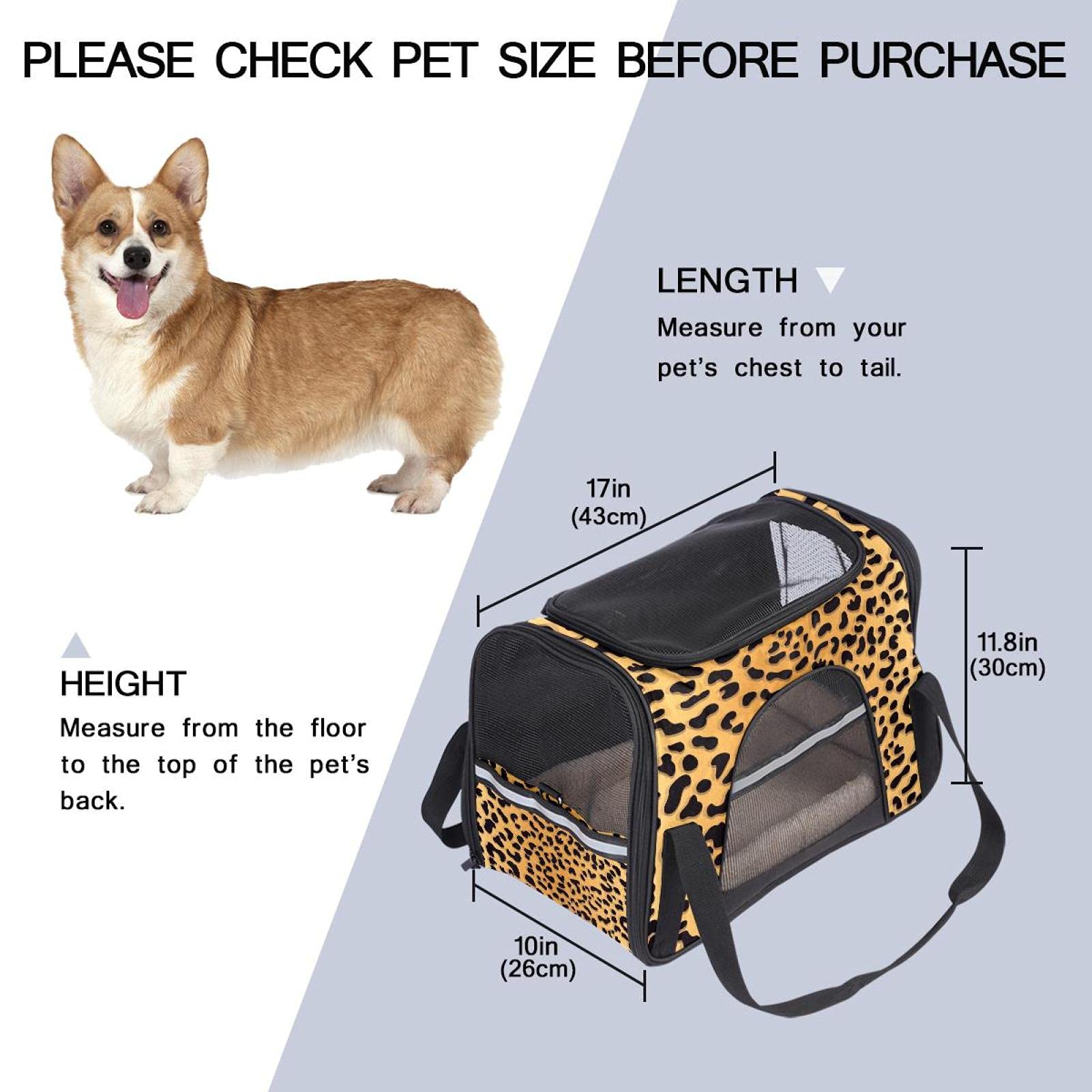 Transportín Perro Gato Estampado de Leopardo Bolsa de Transporte Plegable para Mascotas Transpirable Portador de Viaje para Perro y Gato 43x26x30 cm