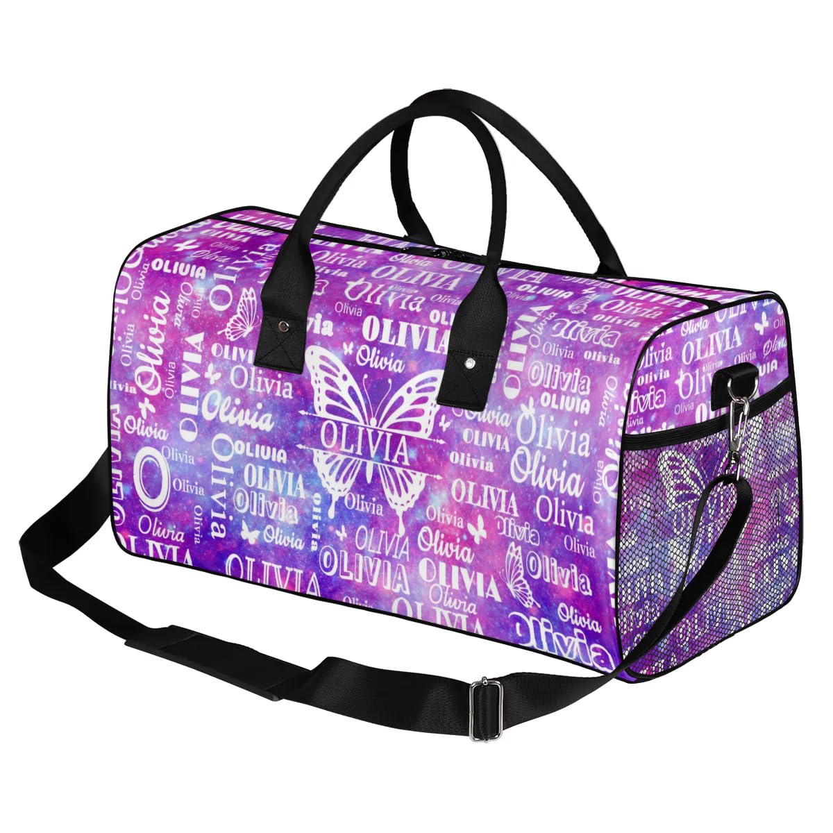 Personalized Sport Dance Bag Custom Duffle Bag, Butterfly Gym Bag Customized Travel Duffel Bag with Name White, Watercolor Purple Galaxy Background
