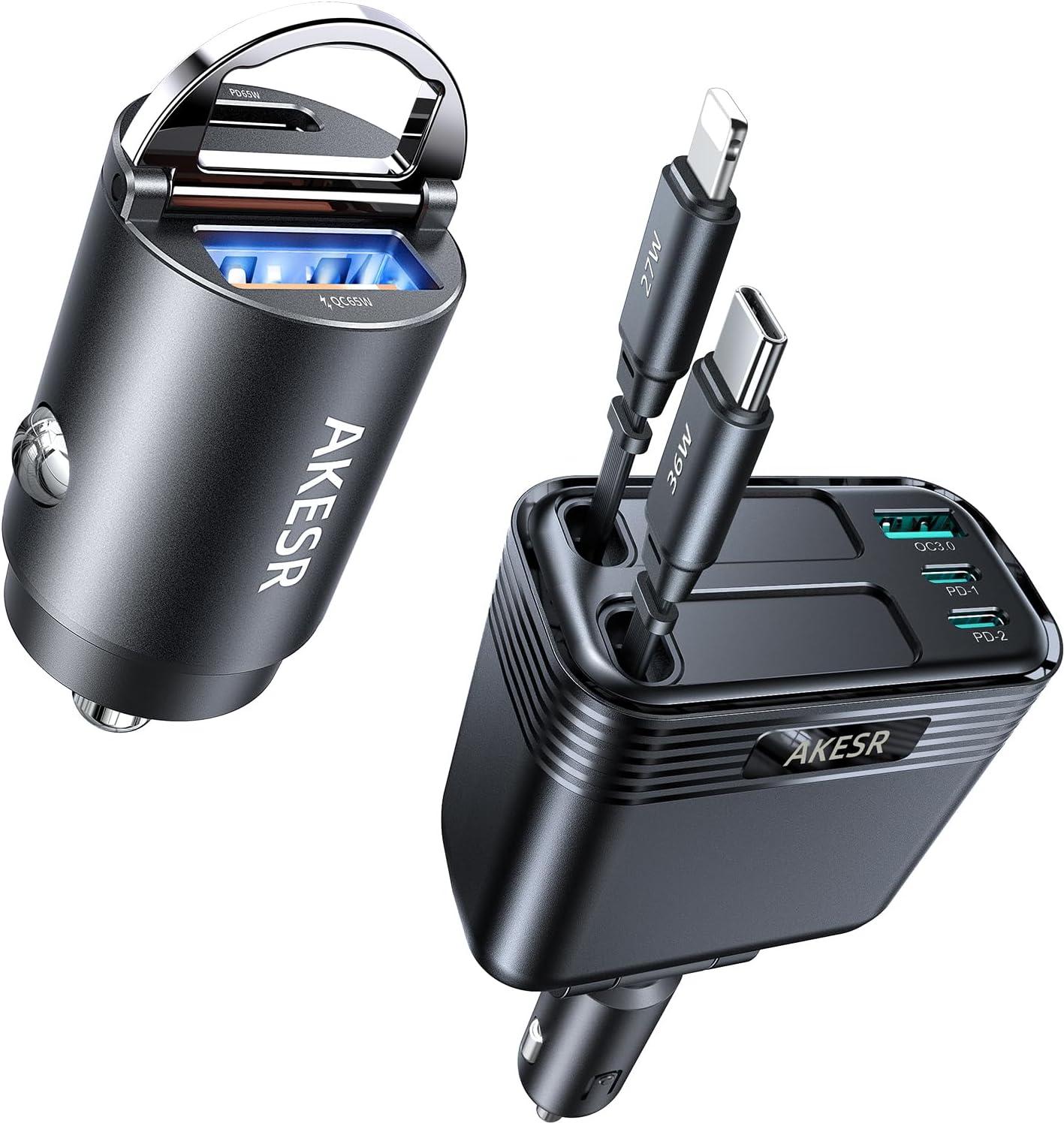 A More Compact car Charger paired with one Featuring an extendable Cord Offers Greater Convenience.