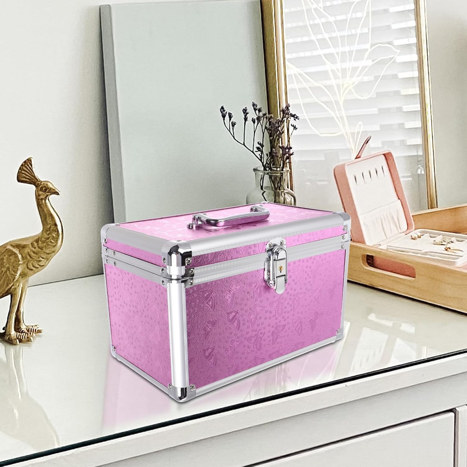 FUOYLOO Large Capacity Aluminum Alloy Privacy Carrying Case, Portable Metal Storage Organizer for Home and Travel, Pink Rectangular Handheld Storage Box