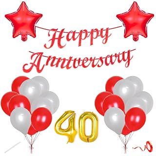 Flyloons 40th Happy Anniversary Decoration Items Red White for Forty for Men Women Husband Wife Parent Home Room With 20 Pcs Metallic Balloons Anniversary Banner 2 Pcs Star Set Kit