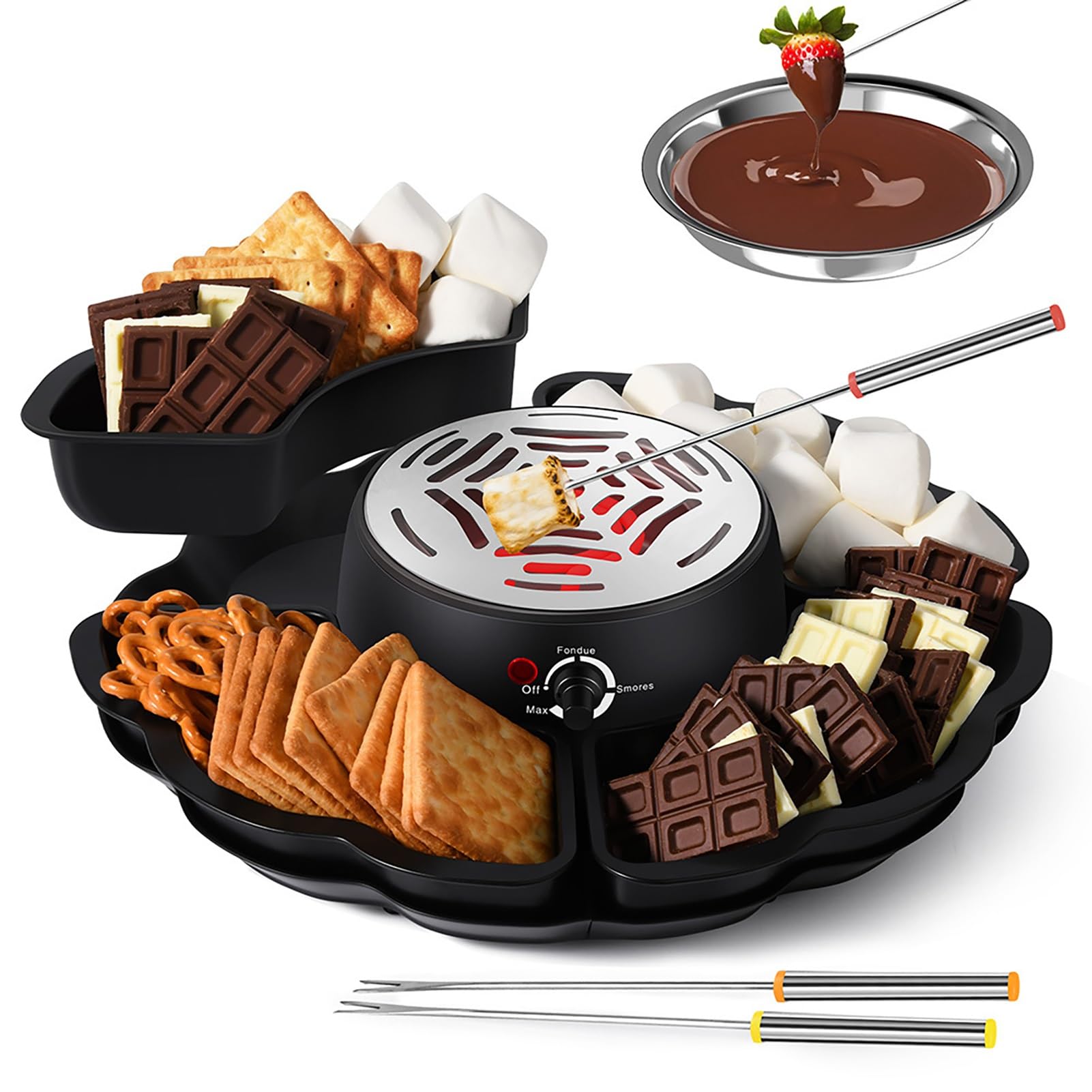 S'Mores Maker & Fondue Pot - Juego de fondue eléctrica 2 en 1 con 4 tenedores para asar, 4 bandejas desmontables y calentador sin llama con control de temperatura